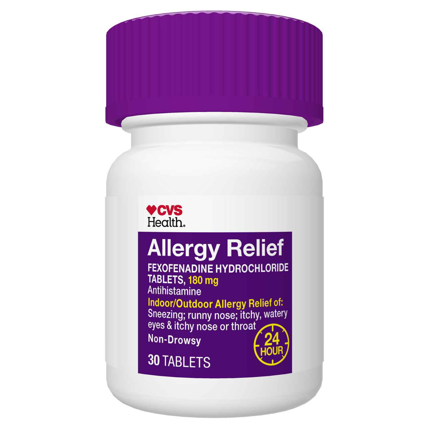 slide 2 of 8, Cvs Health 24Hr Non Drowsy Allergy Relief Fexofenadine Hcl Tablets, 30 Ct, 30 ct