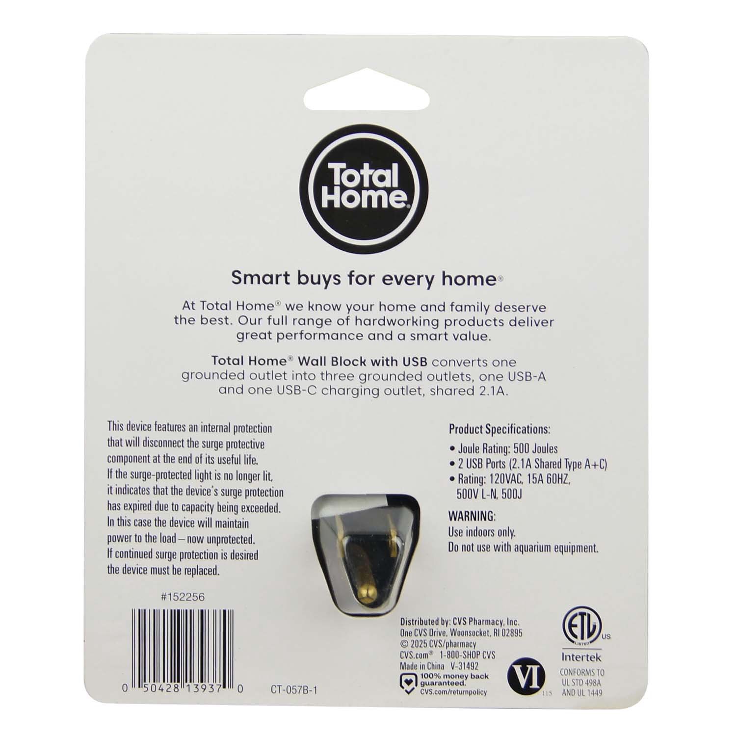 slide 3 of 3, TOTAL HOME Wall Block With 3 Outlets With Type A+ C 2.1a Usb, 1 ct