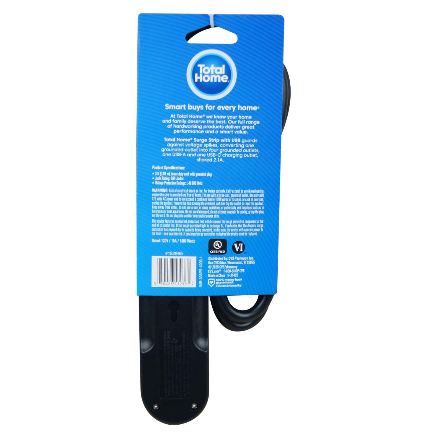 slide 2 of 3, TOTAL HOME 4 Outlet Surge Strip With Type A+ Type C Usb, 1 ct