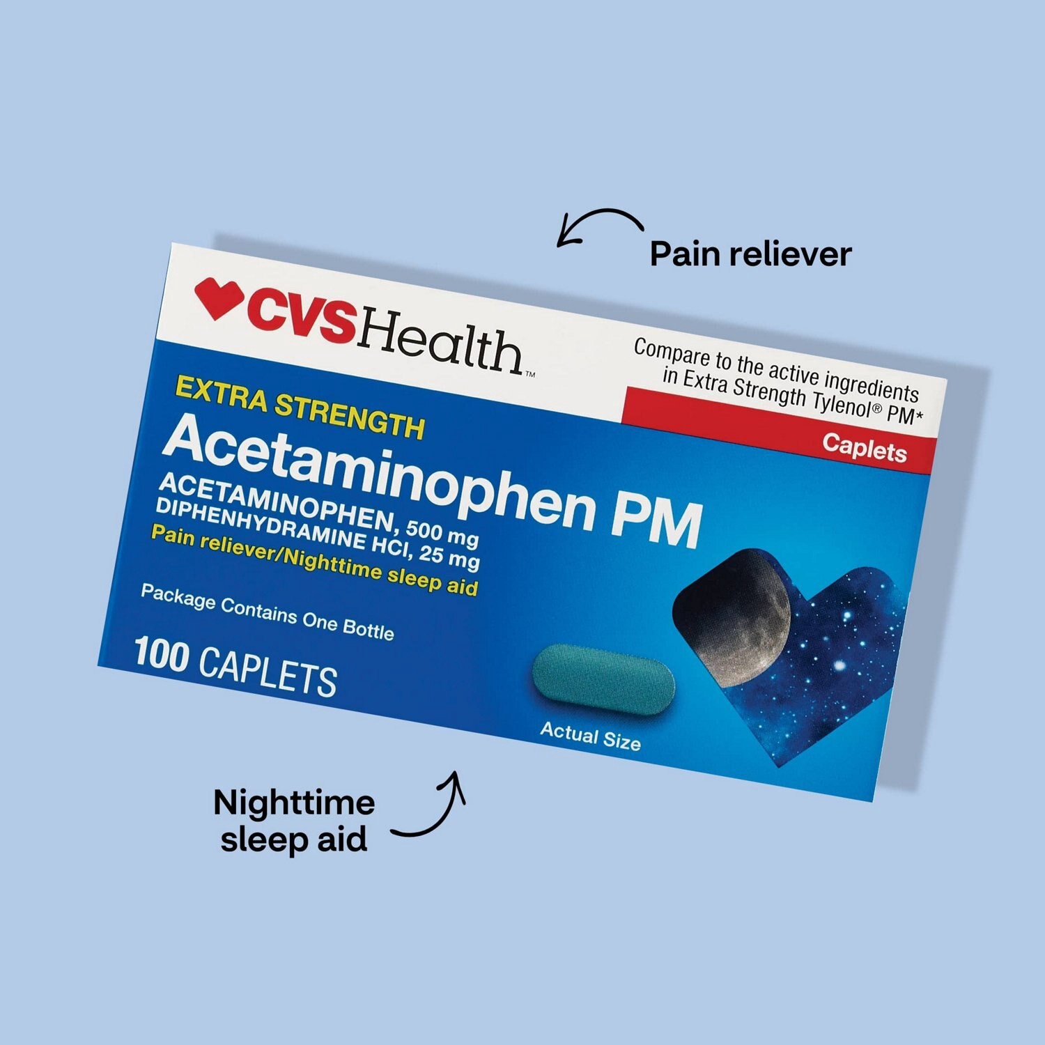 slide 6 of 9, Cvs Health Extra Stength Acetaminophen Pm Pain Reliever & Nighttime Sleep-Aid Caplets, 100 Ct, 100 ct