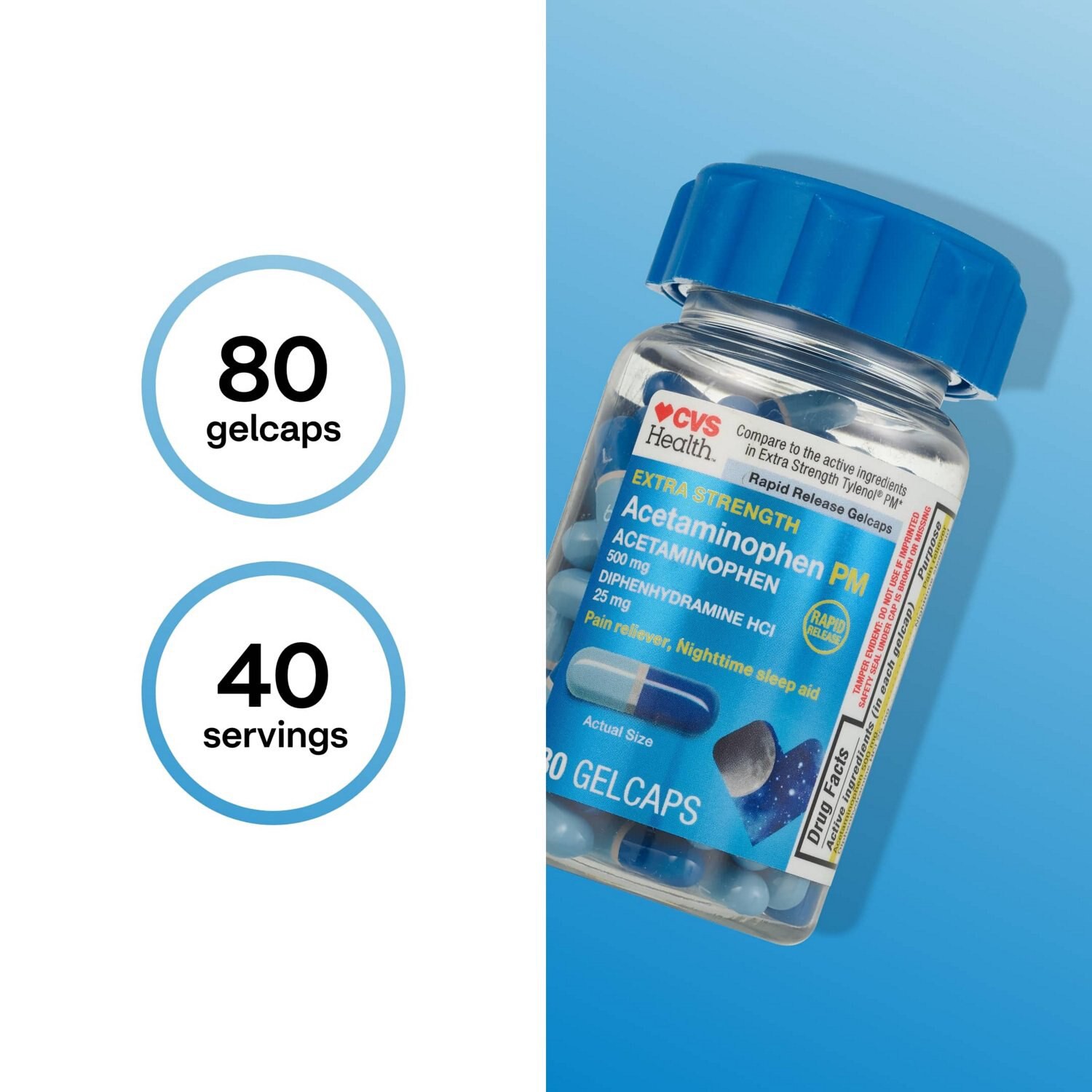 slide 6 of 8, Cvs Health Extra Stength Acetaminophen Pm Pain Reliever & Nighttime Sleep-Aid Gelcaps, 80 Ct, 80 ct
