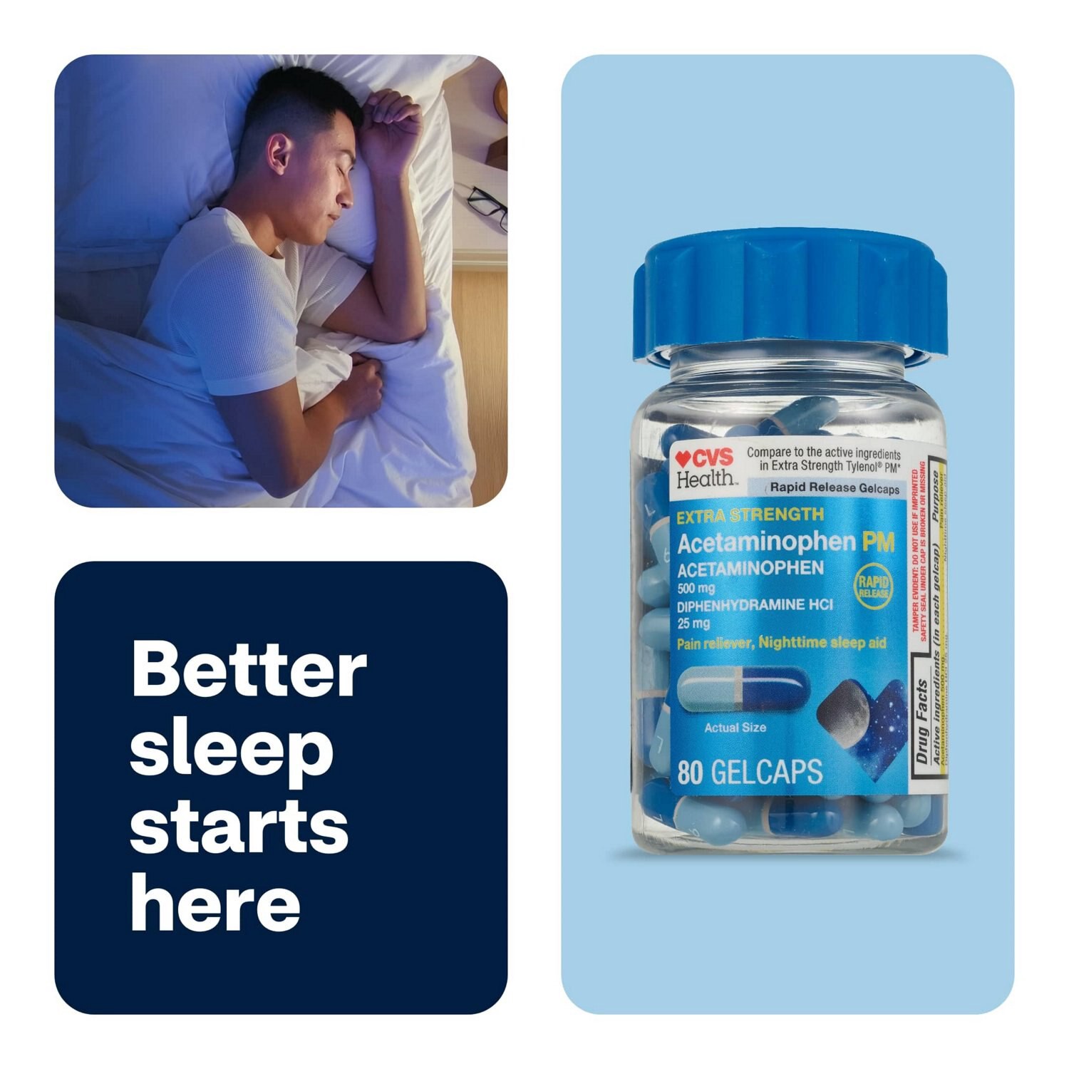 slide 5 of 8, Cvs Health Extra Stength Acetaminophen Pm Pain Reliever & Nighttime Sleep-Aid Gelcaps, 80 Ct, 80 ct
