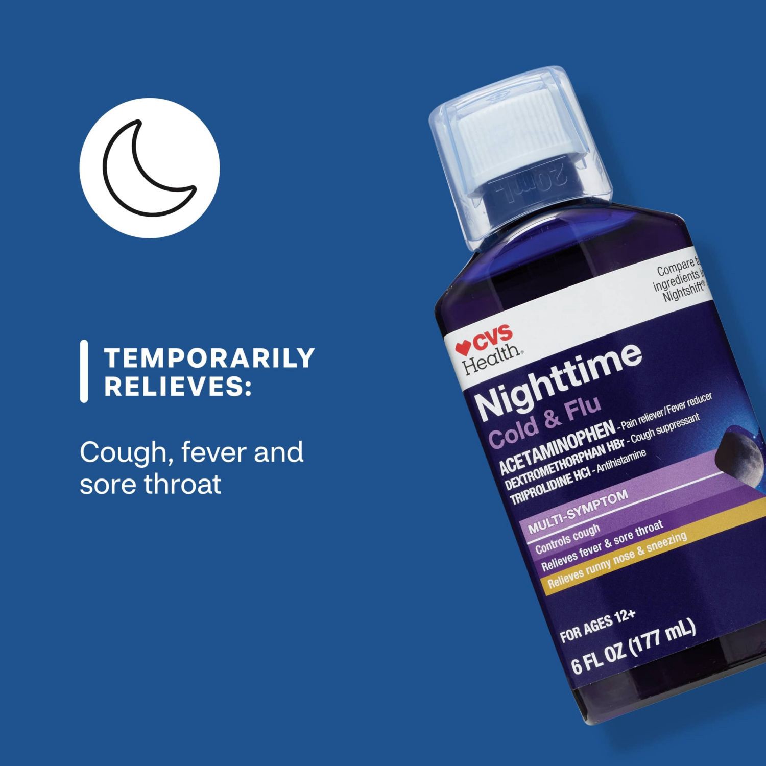 slide 5 of 8, CVS Health Nighttime Cold & Flu Multi-Symptom Relief Liquid, 6 Oz, 1 ct