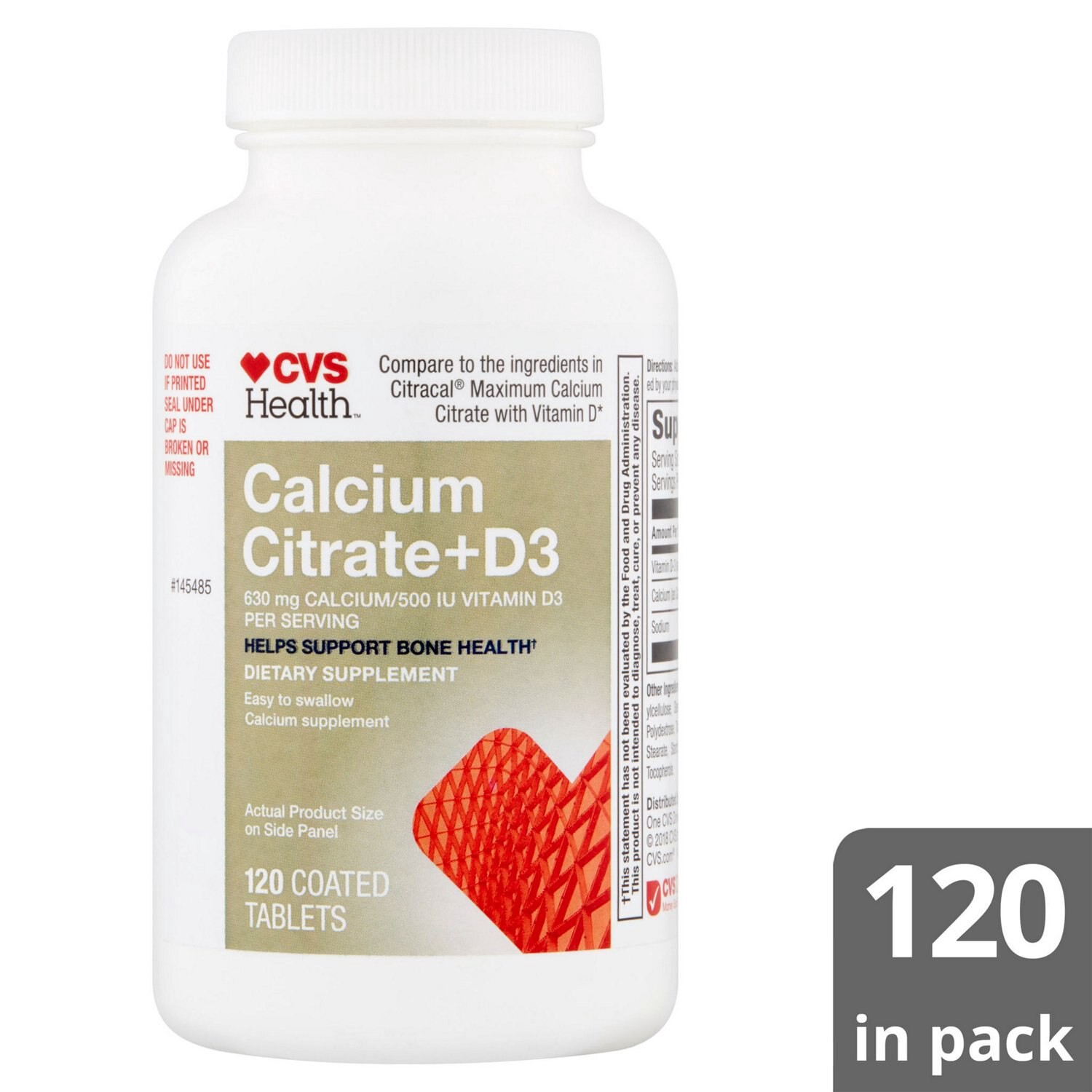 slide 3 of 5, CVS Health Calcium Citrate + D3 Tablets, 120 Ct, 1 ct