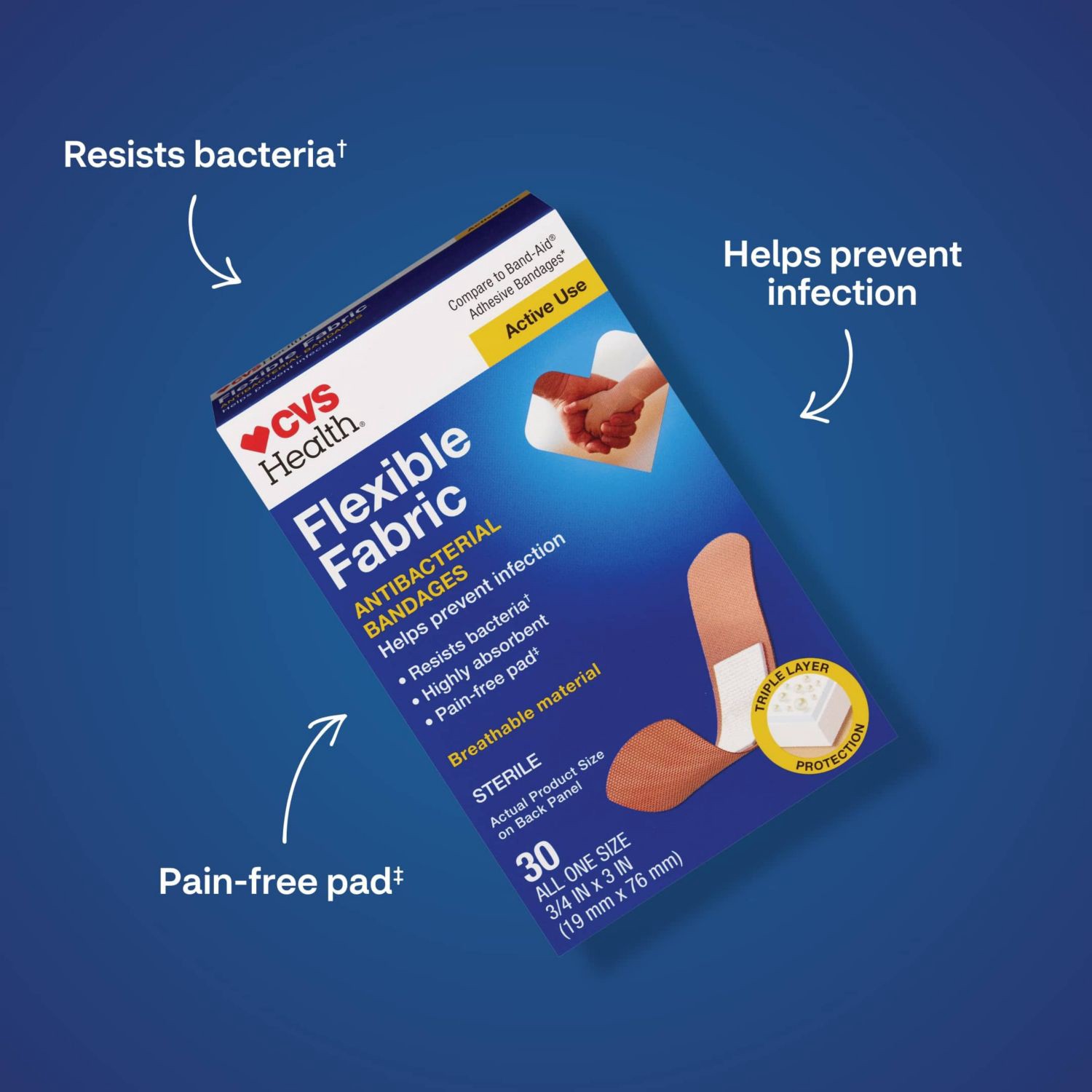 slide 6 of 9, Cvs Health Flexible Fabric Anti-Bacterial Bandages, One Size, 30 Ct, 1 ct