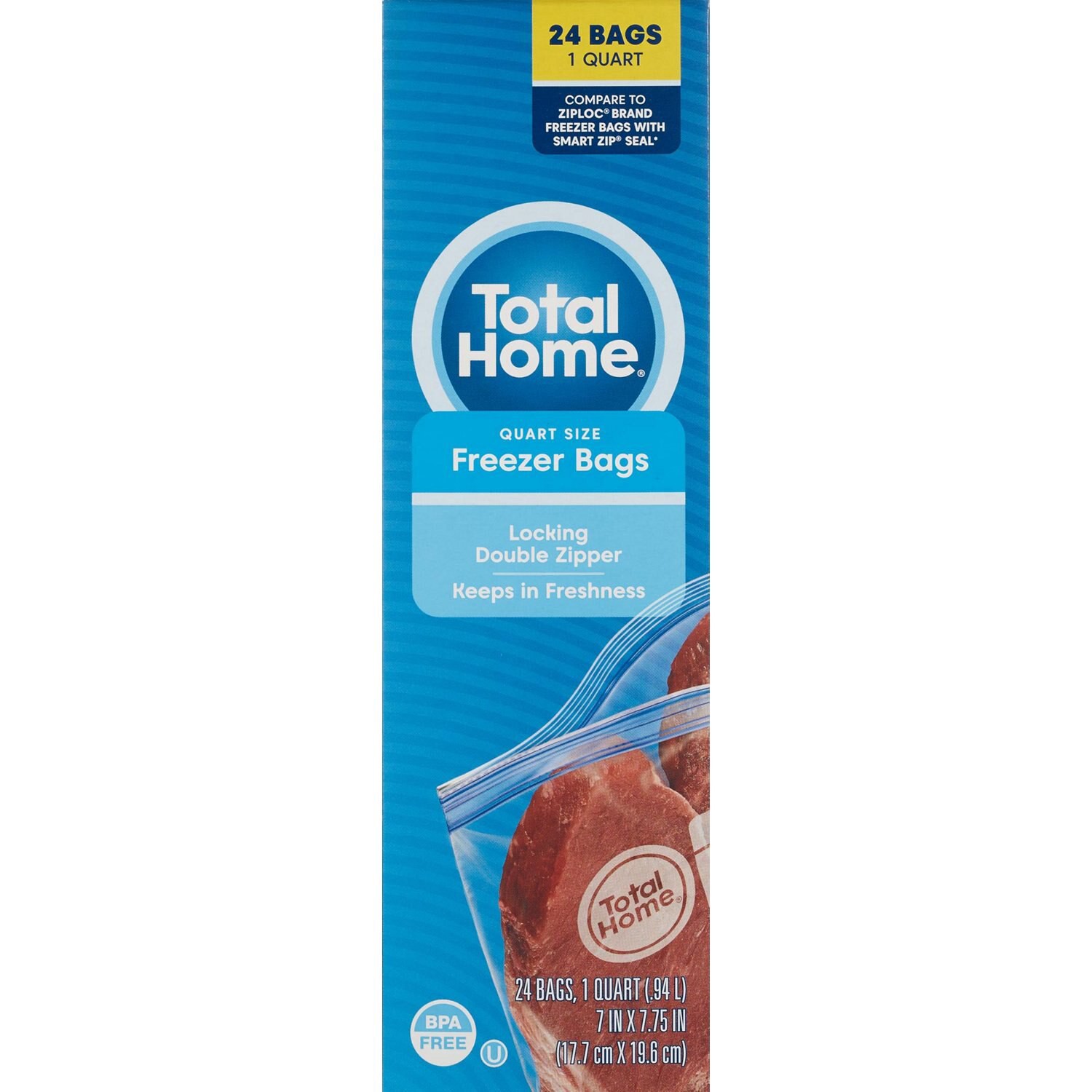 slide 3 of 5, Total Home Reclosable Quart Freezer Bags, 24 Ct, 1 ct