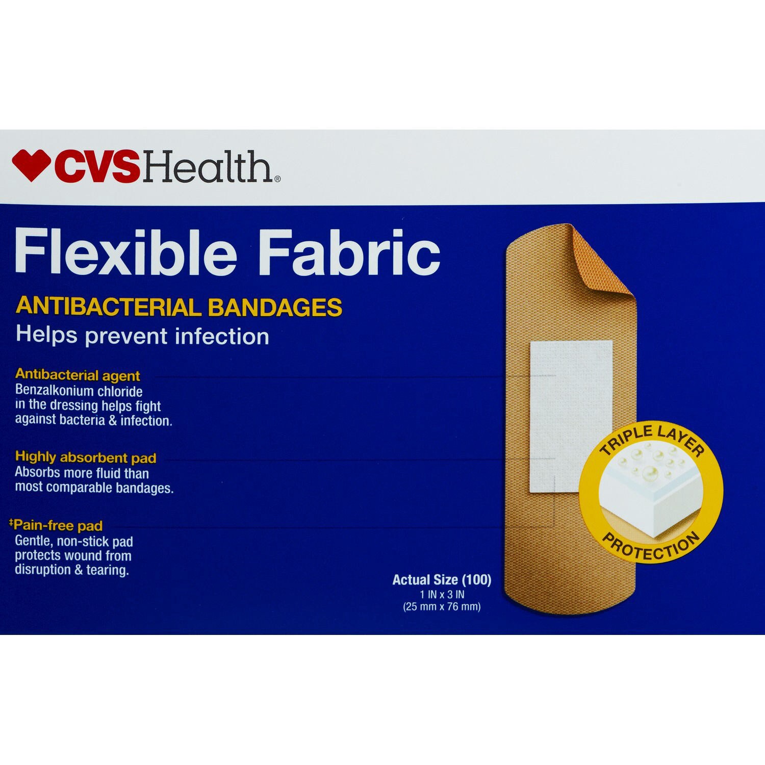 slide 9 of 10, CVS Health Flexible Fabric Anti-Bacterial Bandages, One Size, 100 Ct, 1 ct