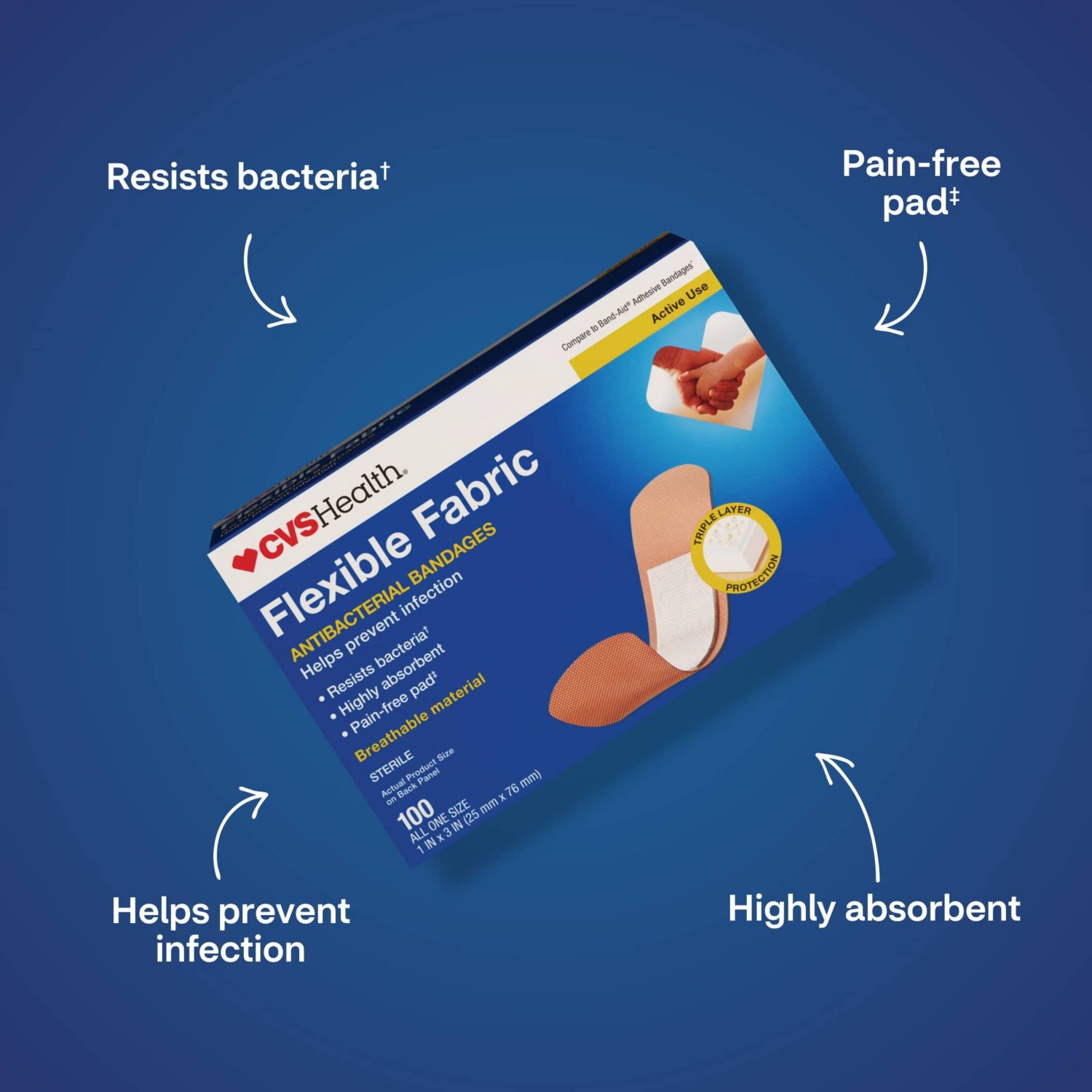 slide 3 of 10, CVS Health Flexible Fabric Anti-Bacterial Bandages, One Size, 100 Ct, 1 ct