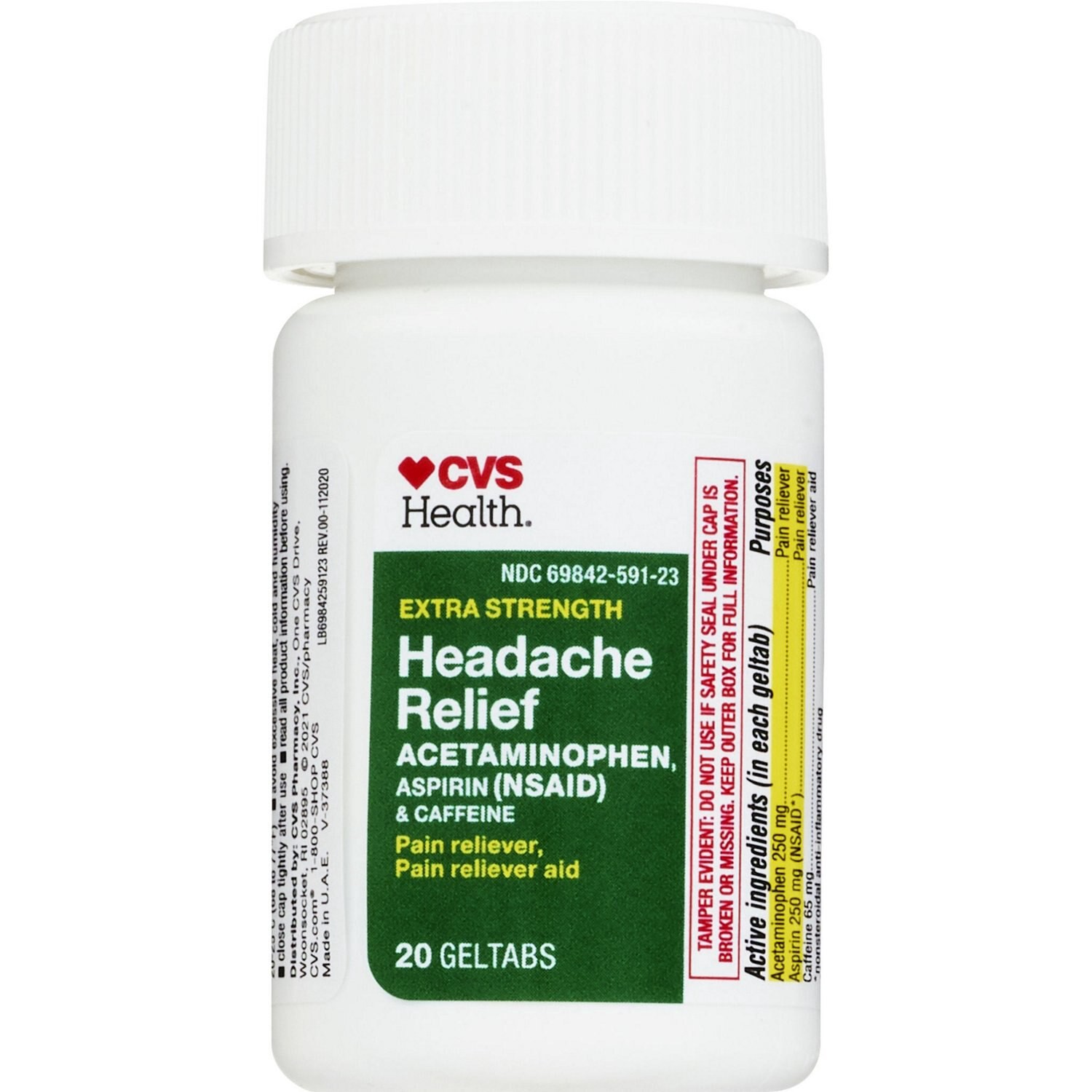 slide 2 of 7, CVS Health Extra Strength Headache Relief Acetaminophen, Aspirin (Nsaid) & Caffeine Geltabs, 20 Ct, 1 ct