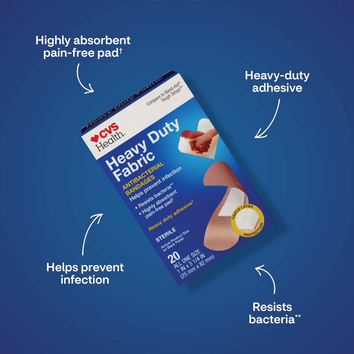 slide 5 of 11, CVS Health Heavy Duty Fabric Anti-Bacterial Bandages, One Size, 20 Ct, 1 ct