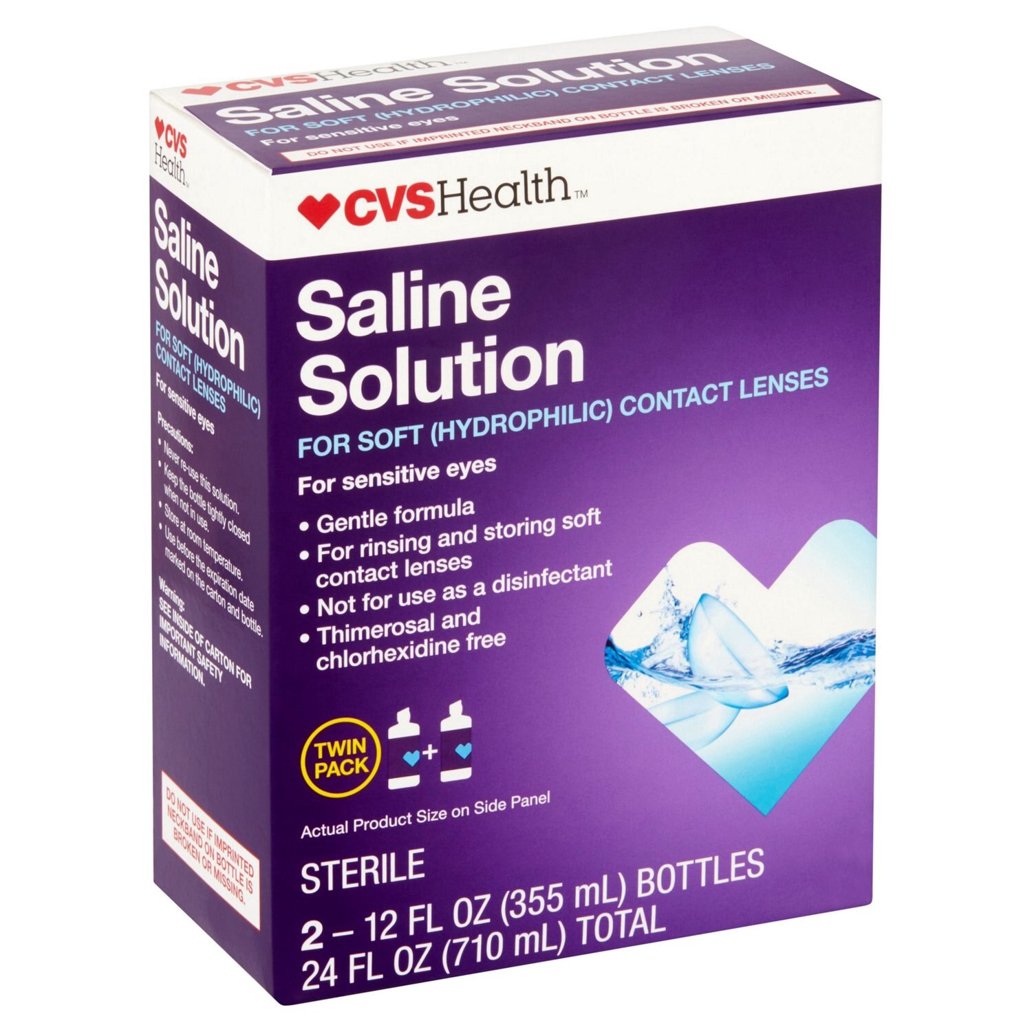 slide 5 of 6, CVS Health Saline Solution For Soft Hydrophilic Contact Lenses, 2Ct, 12 Fl Oz, 1 ct