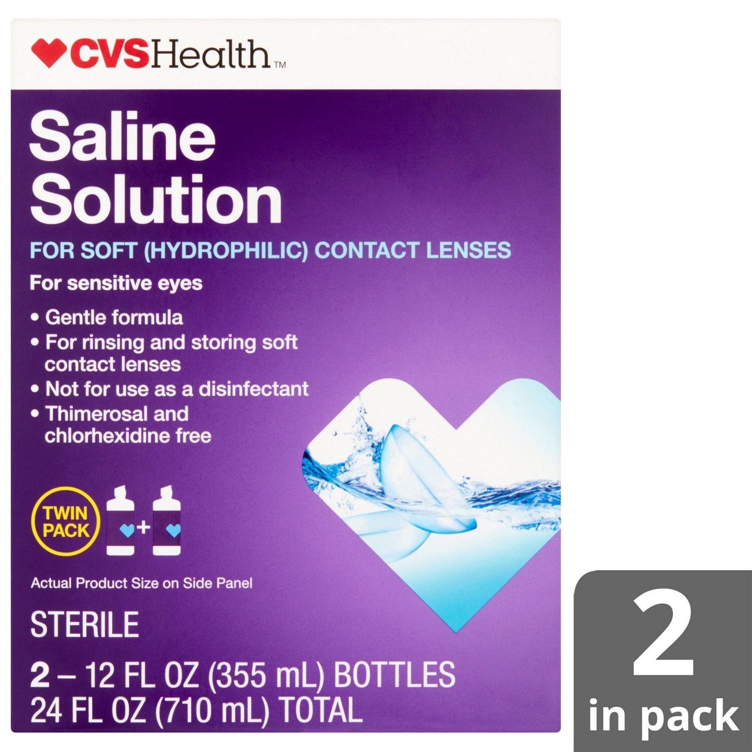 slide 3 of 6, CVS Health Saline Solution For Soft Hydrophilic Contact Lenses, 2Ct, 12 Fl Oz, 1 ct