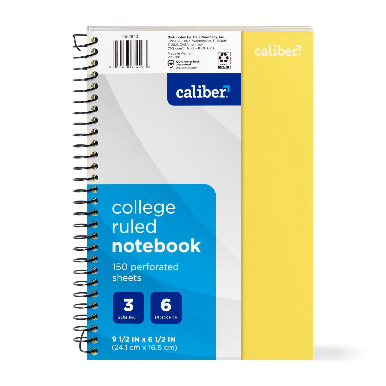 slide 2 of 11, Caliber Premium 3 Subject Notebook, College Ruled, 150 Sheets, Assorted, 1 ct