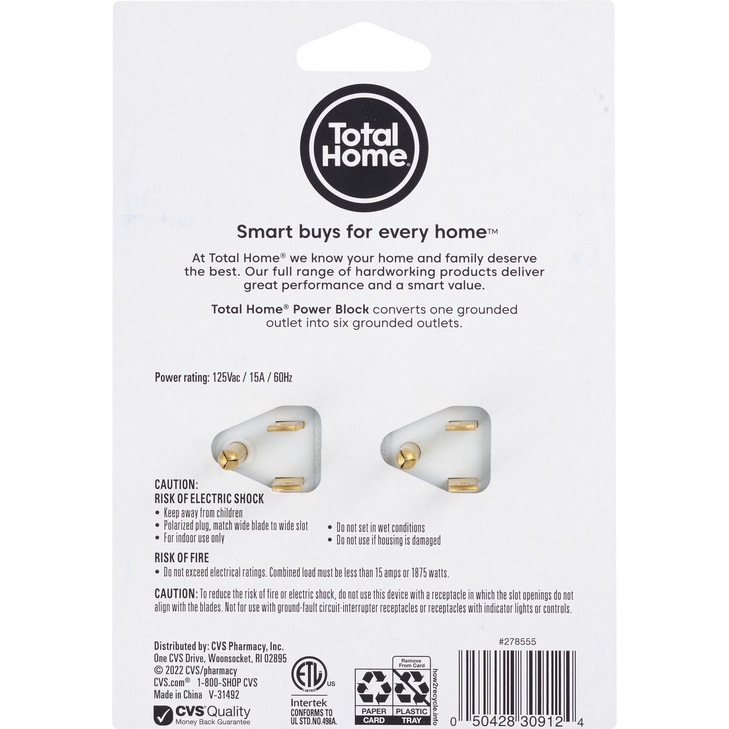 slide 2 of 3, Total Home 6 Outlet Block, White, 1 ct
