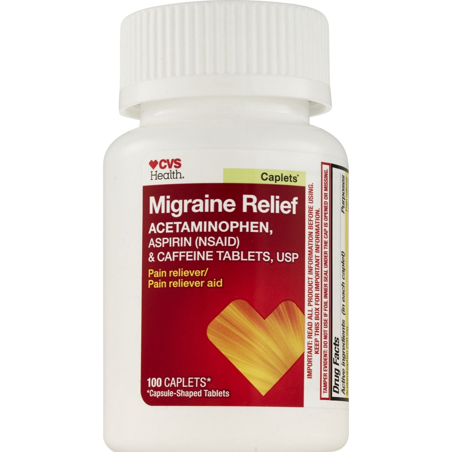slide 6 of 9, CVS Health Migraine Relief Acetaminophen Aspirin (Nsaid) & Caffeine Tablets, 100 Ct, 1 ct