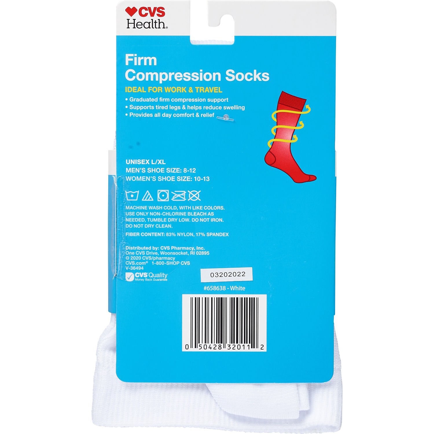 slide 2 of 2, Cvs Health Firm Compression Socks Over-The-Calf Length Unisex, 1 Pair, L/Xl, White, 1 ct