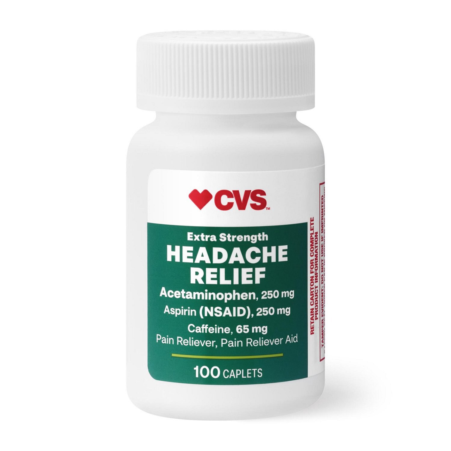 slide 5 of 8, CVS Health Extra Strength Headache Relief Acetaminophen, Aspirin (Nsaid) & Caffeine Caplets, 100 Ct, 1 ct