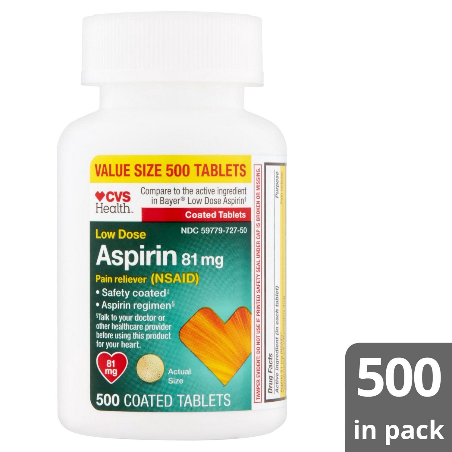 slide 5 of 7, Cvs Health Low Strength Aspirin 81 Mg Enteric Coated Tablets, 500 Ct, 1 ct