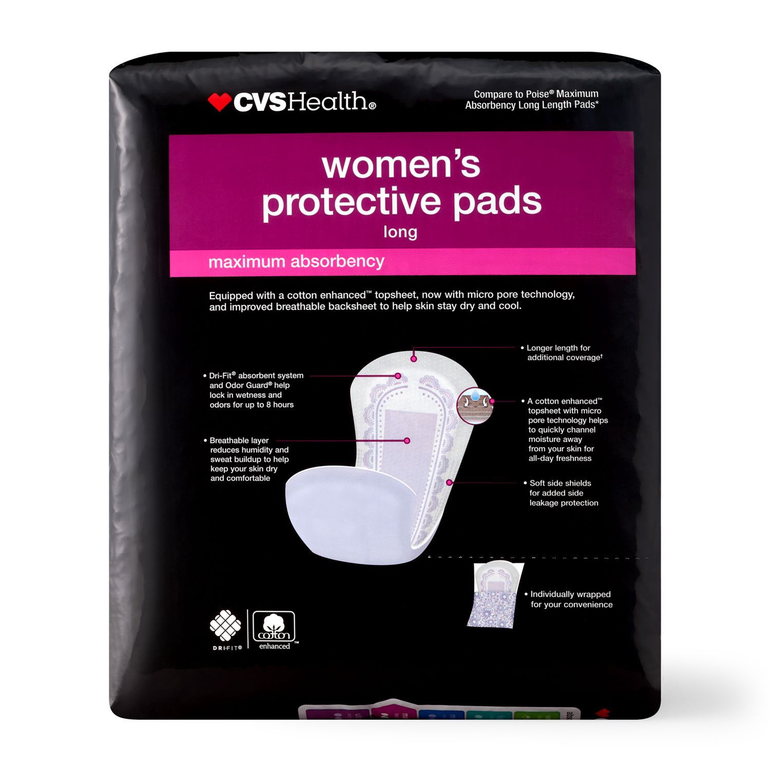 slide 2 of 6, CVS Health Women's Protective Pads Maximum Absorbency, Long, 64 Ct, 1 ct