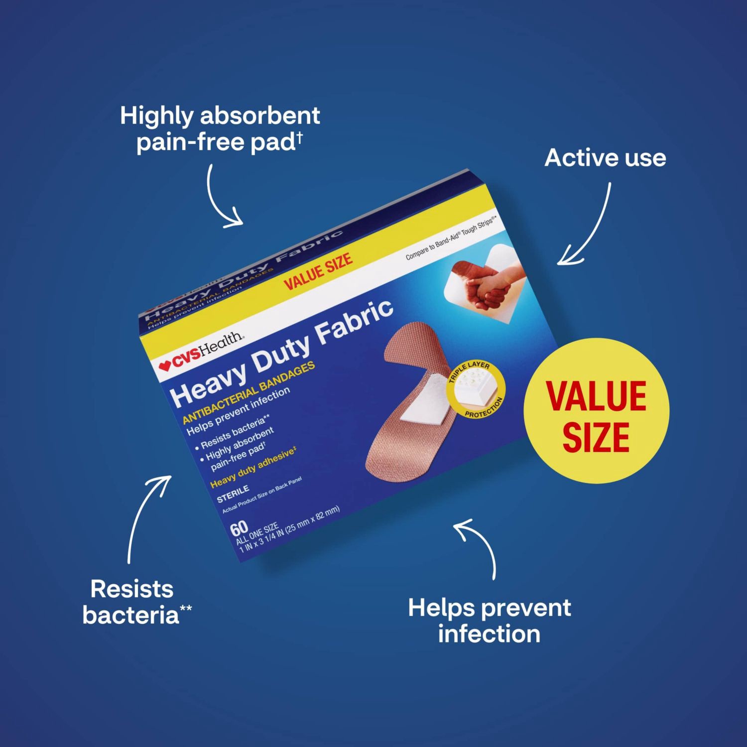 slide 6 of 7, CVS Health Heavy Duty Fabric Anti-Bacterial Bandages, One Size, 60 Ct, 1 ct