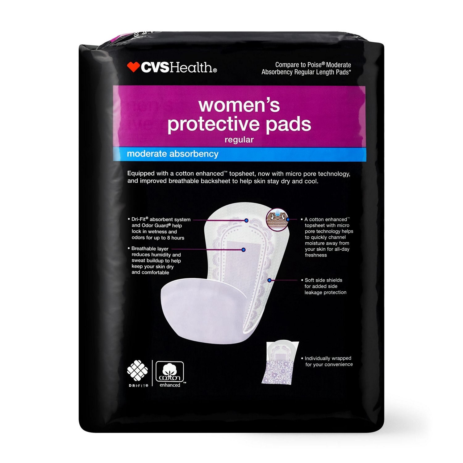 slide 5 of 6, CVS Health Women's Protective Pads Moderate Absorbency, 66 Ct, 1 ct
