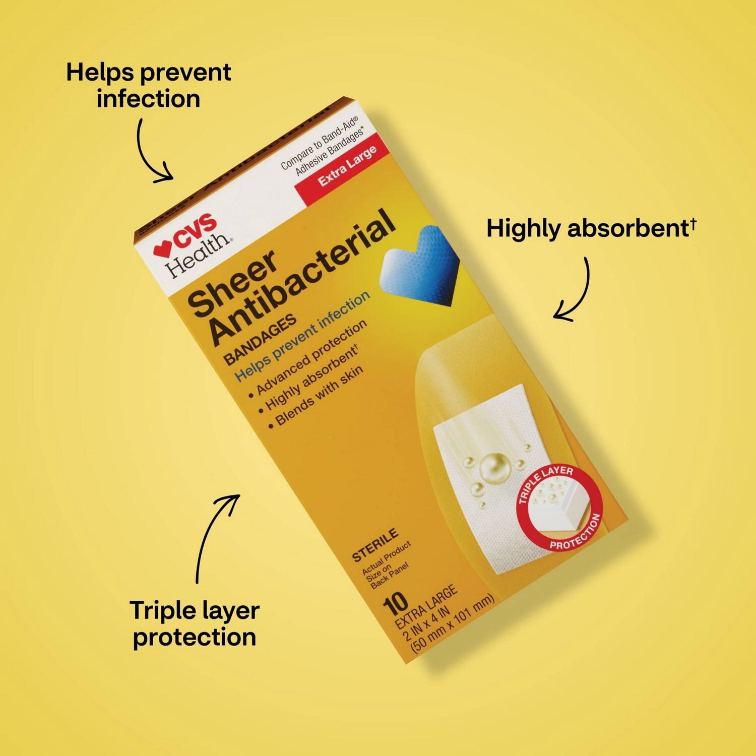 slide 4 of 11, CVS Health Sheer Anti-Bacterial Bandages, Extra Large, 10 Ct, 1 ct