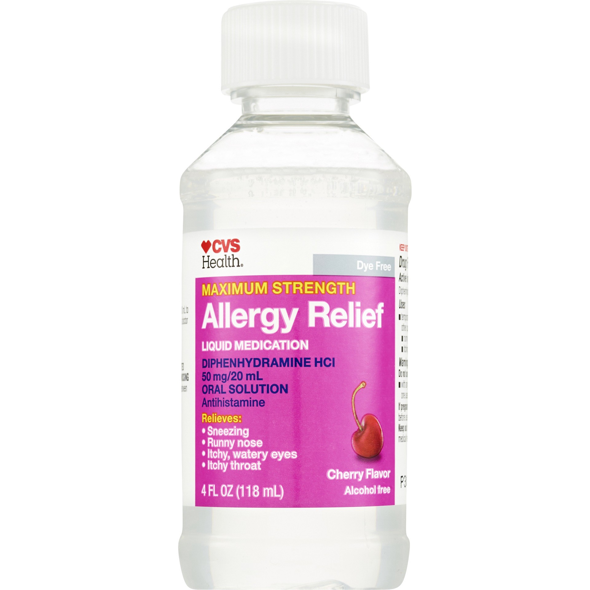 slide 4 of 6, CVS Health Maximum Strength Allergy Relief Liquid Dye Free Diphenhydramine Hcl Oral Antihistamine, Cherry, 4 Oz, 1 ct