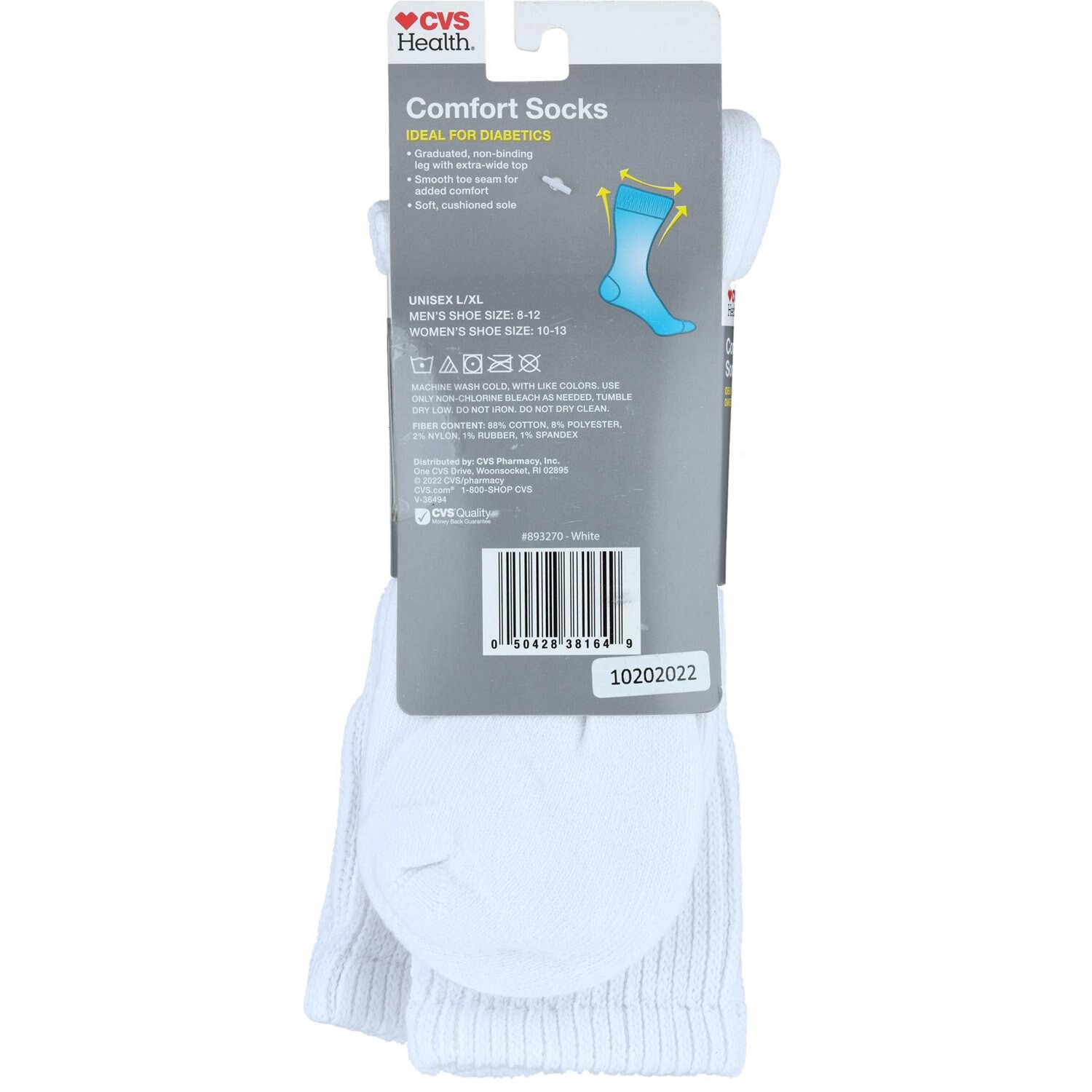 slide 2 of 2, Cvs Health Crew Comfort Socks For Diabetics, 2 Pairs, L/Xl, White, 1 ct