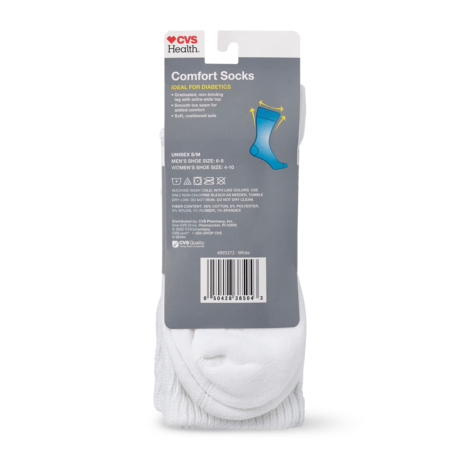 slide 5 of 5, CVS Health Crew Comfort Socks For Diabetics, 2 Pairs, S/M, White, 1 ct
