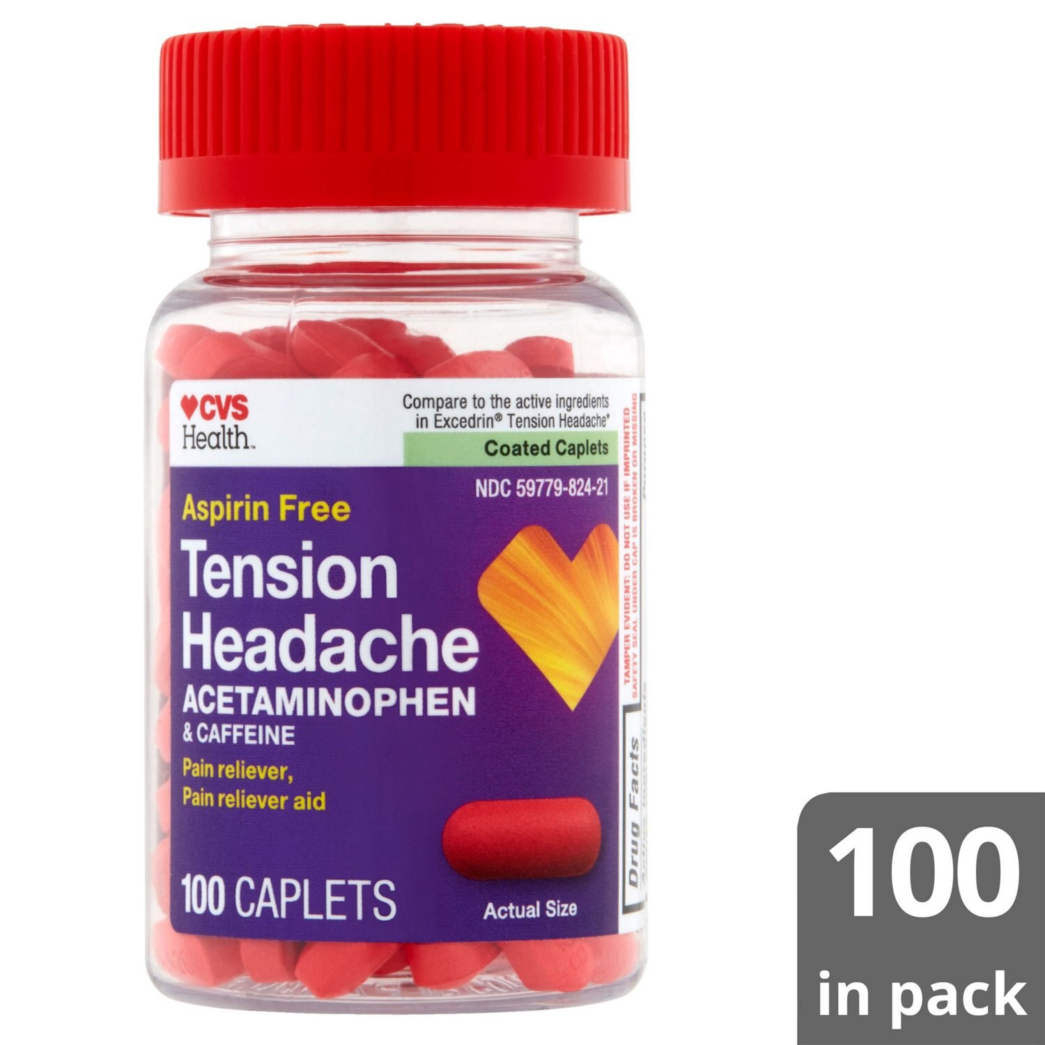 slide 8 of 8, Cvs Health Aspirin Free Tension Headache Acetaminophen & Caffeine Caplets, 100 Ct, 1 ct