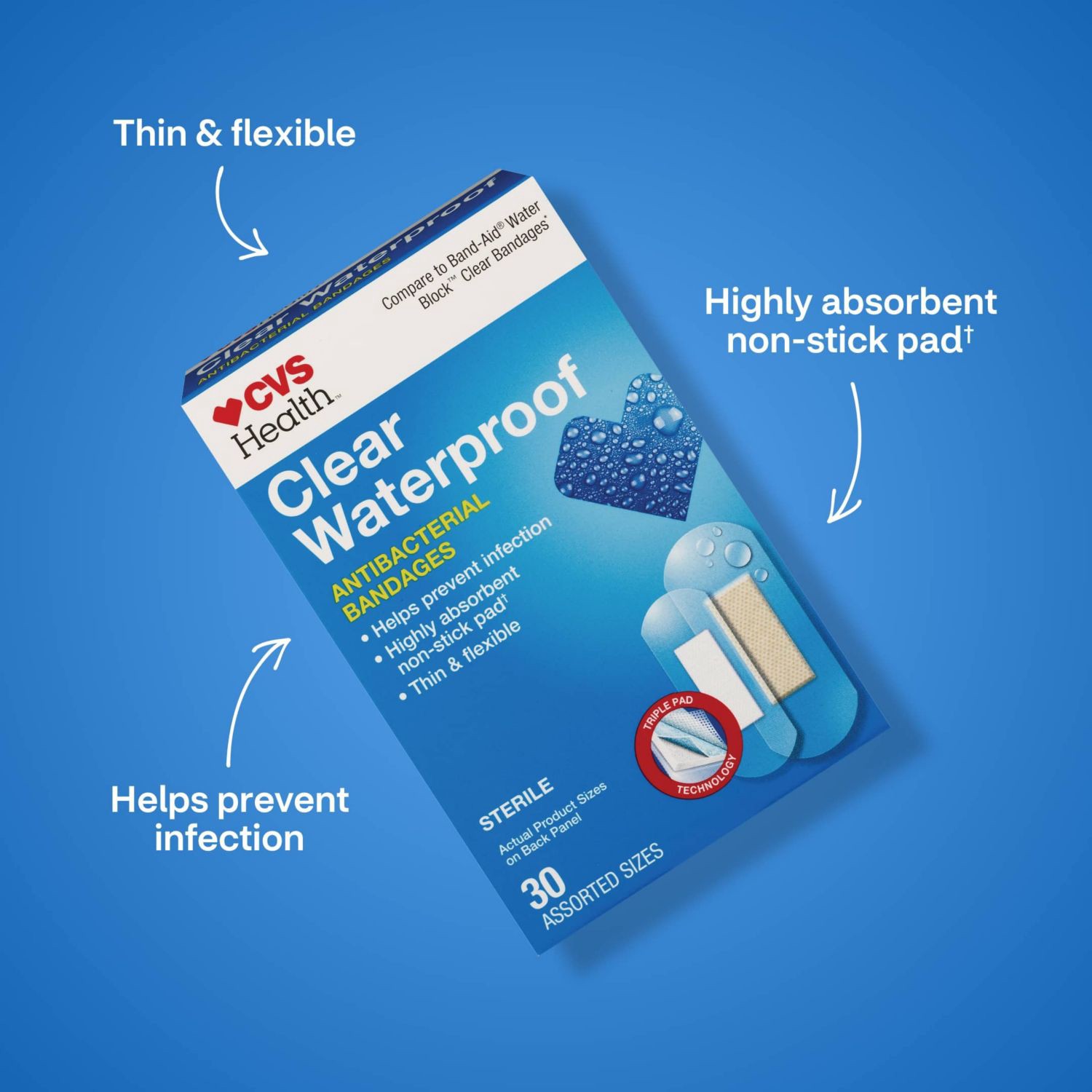 slide 6 of 9, CVS Health Clear Waterproof Bandages, Assorted Sizes, 30 Ct, 1 ct