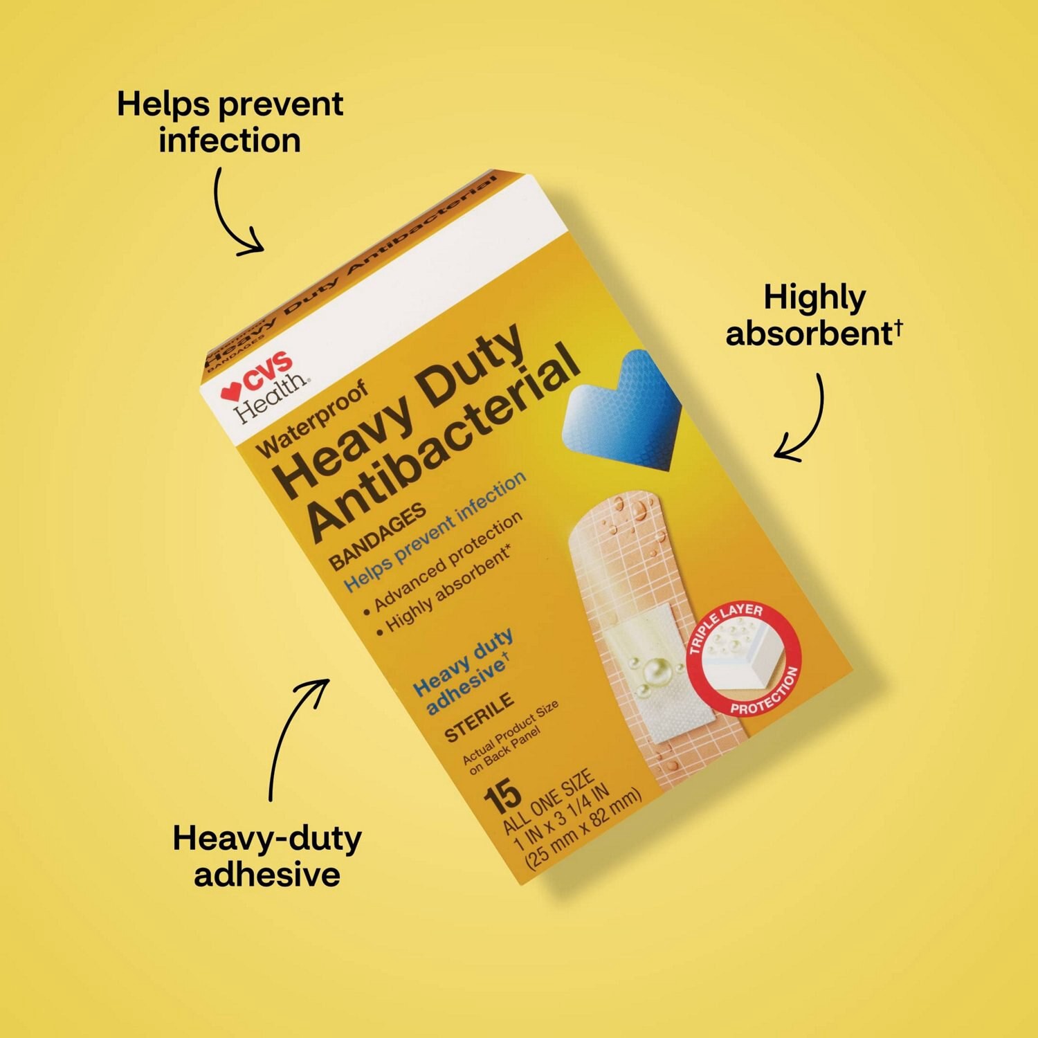 slide 6 of 6, Cvs Health Heavy Duty Waterproof Anti-Bacterial Bandages, One Size, 15 Ct, 1 ct