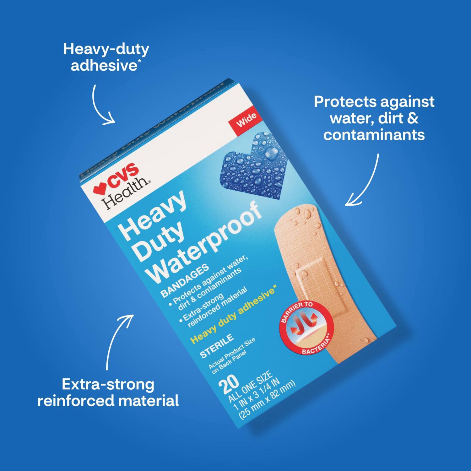 slide 4 of 9, CVS Health Heavy Duty Waterproof Anti-Bacterial Bandages, One Size, 20 Ct, 1 ct