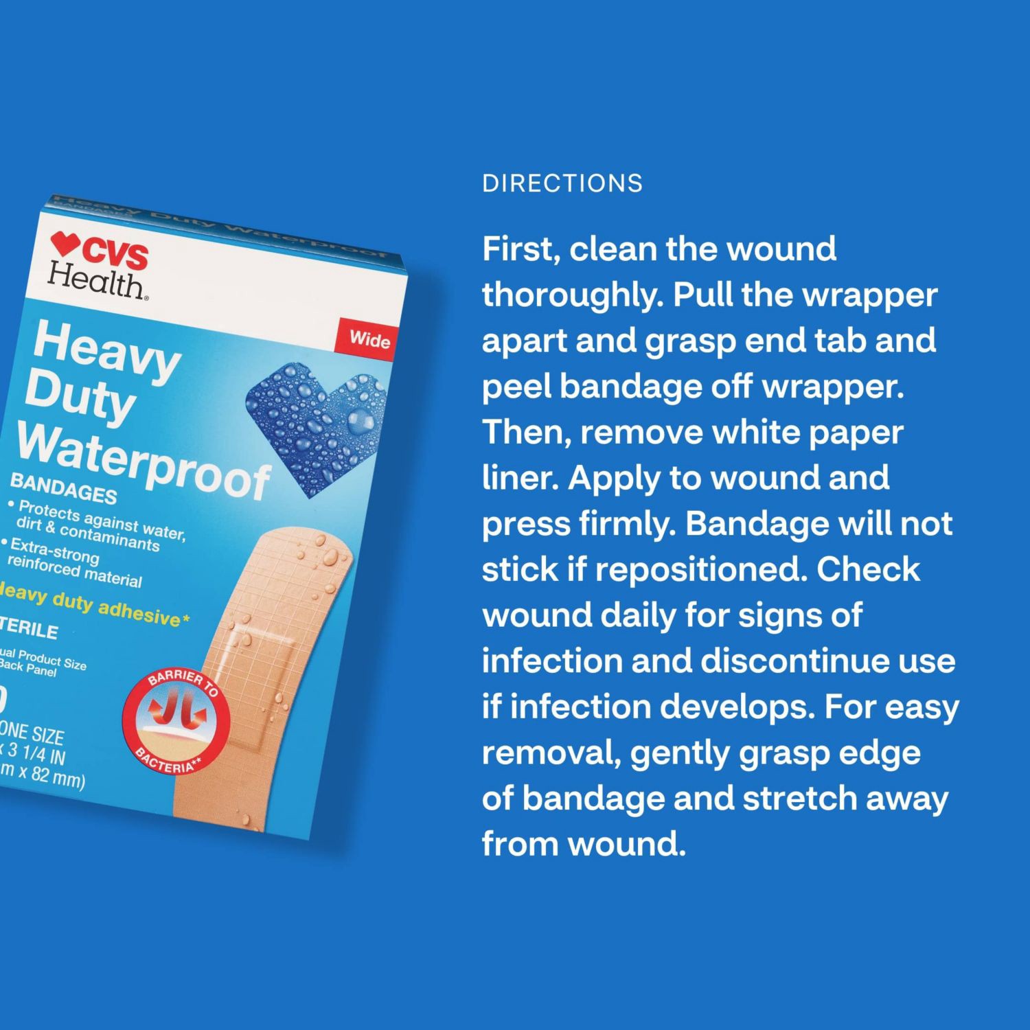 slide 5 of 9, CVS Health Heavy Duty Waterproof Anti-Bacterial Bandages, One Size, 20 Ct, 1 ct