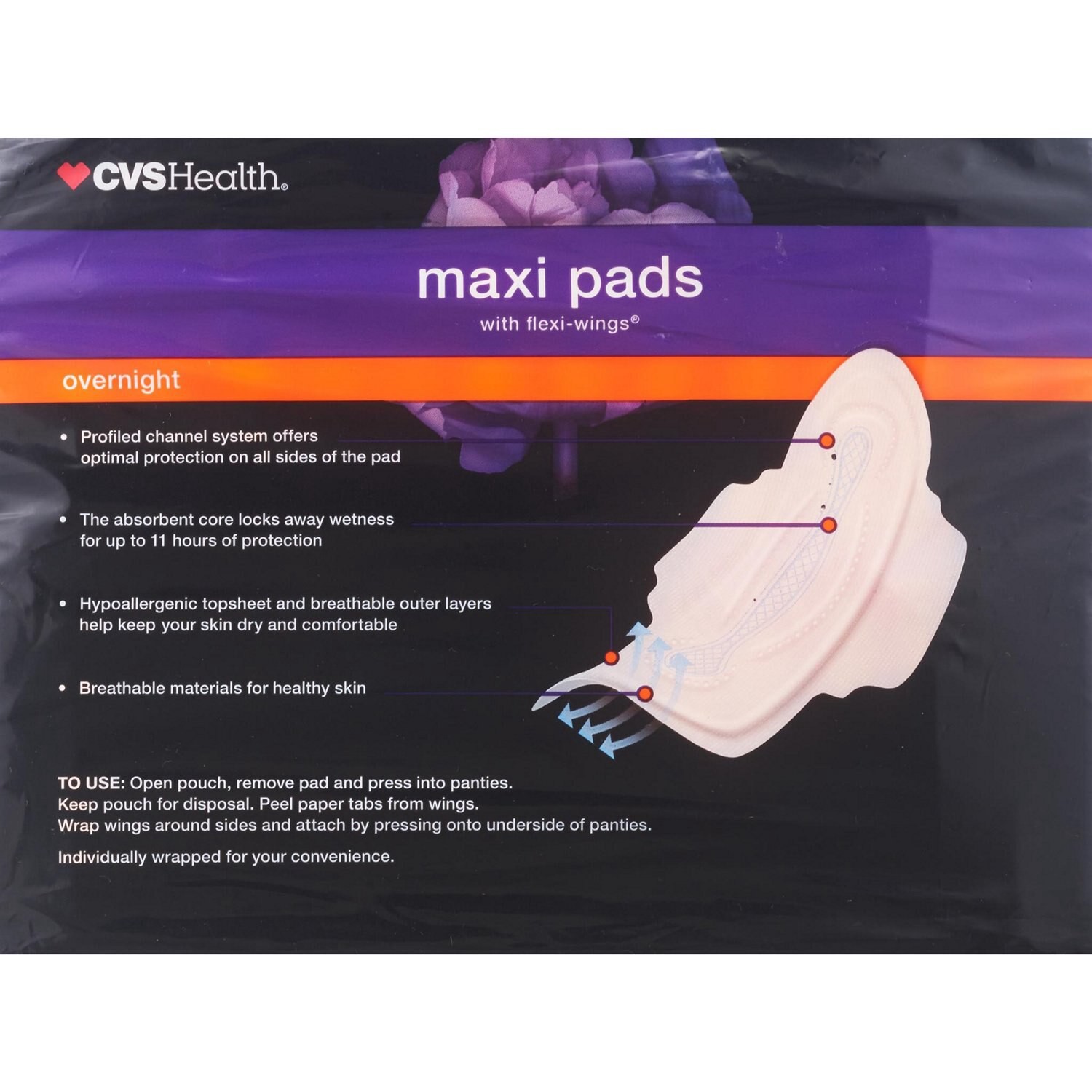 slide 2 of 2, CVS Health Maxi Pads With Wings, Overnight, 28 Pk, 1 ct