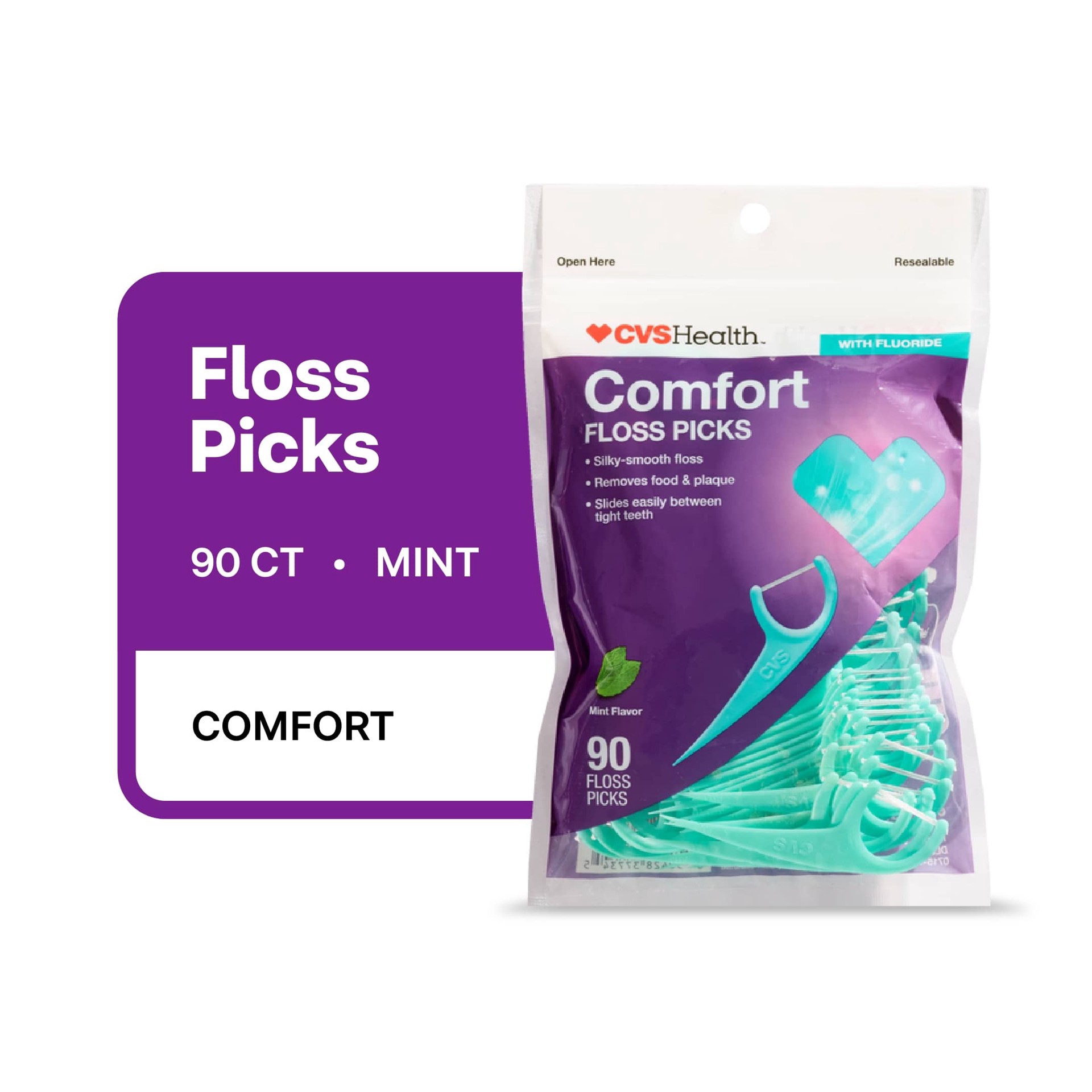 slide 5 of 6, CVS Health Comfort Floss Picks, Mint, 90 Ct, 1 ct
