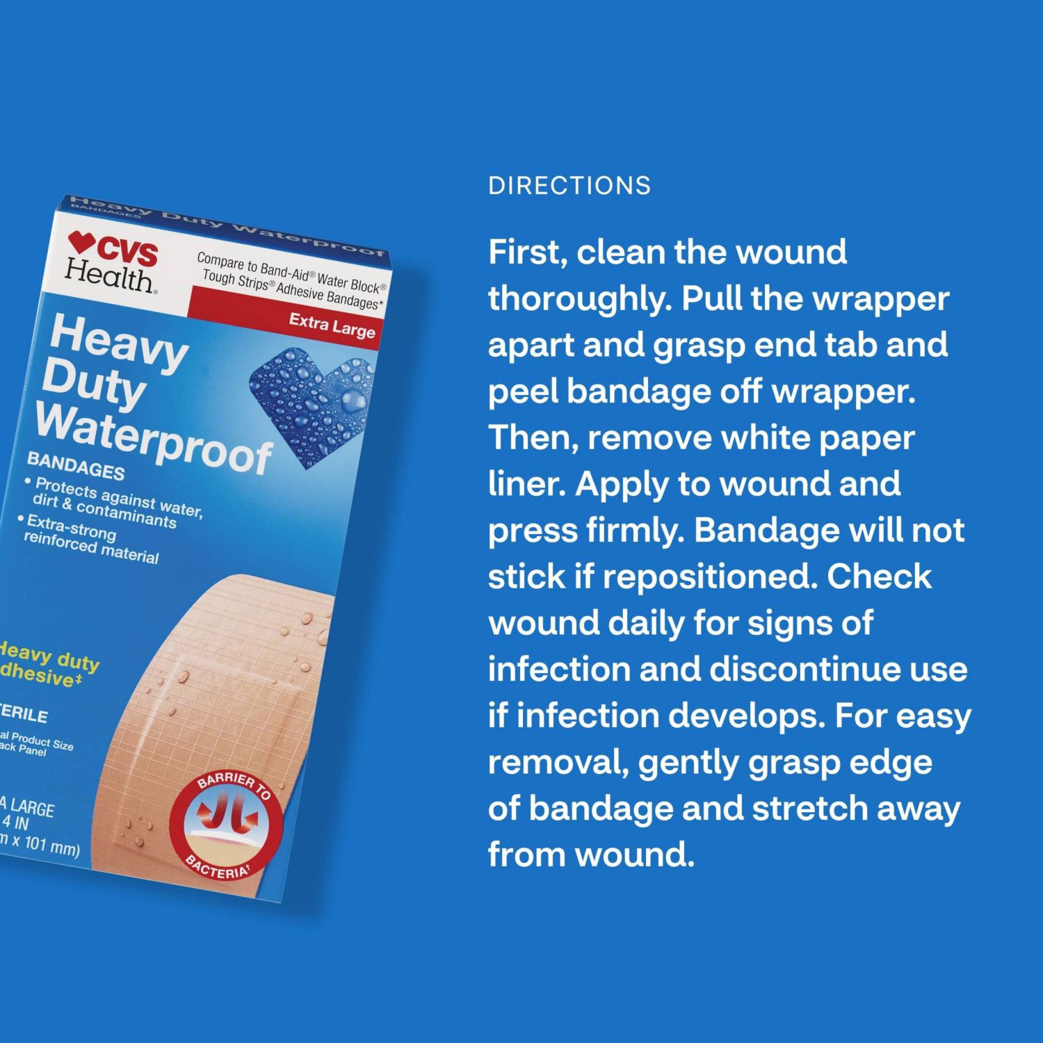 slide 8 of 13, CVS Health Heavy Duty Waterproof Anti-Bacterial Bandages, Extra Large, 10 Ct, 1 ct