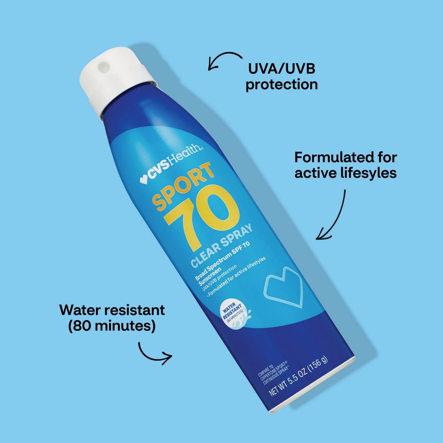slide 9 of 9, CVS Health Sport Clear Broad Spectrum Sunscreen Spray 5.5 Oz, Spf 70, 1 ct