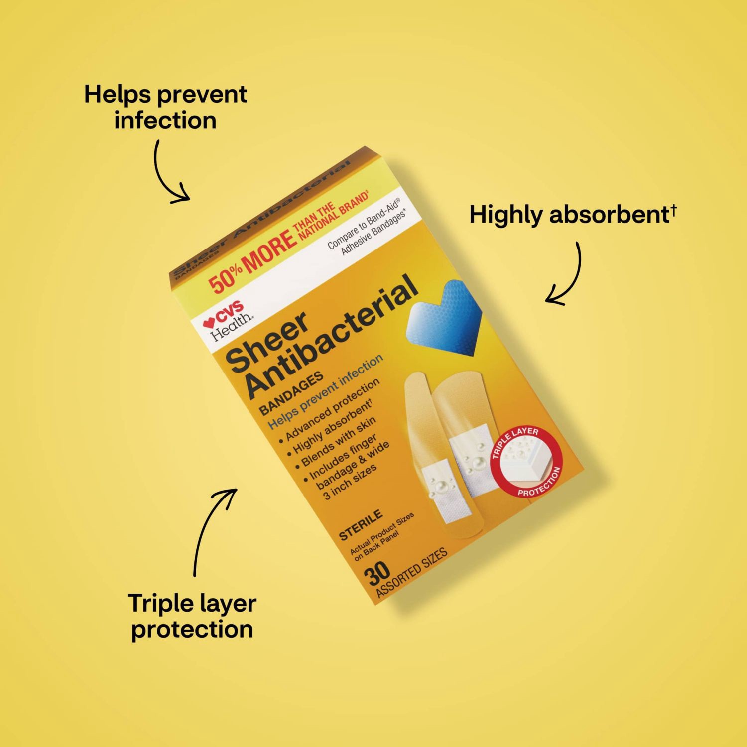 slide 5 of 9, CVS Health Sheer Antibacterial Bandages, Assorted Sizes, 30 Ct, 1 ct