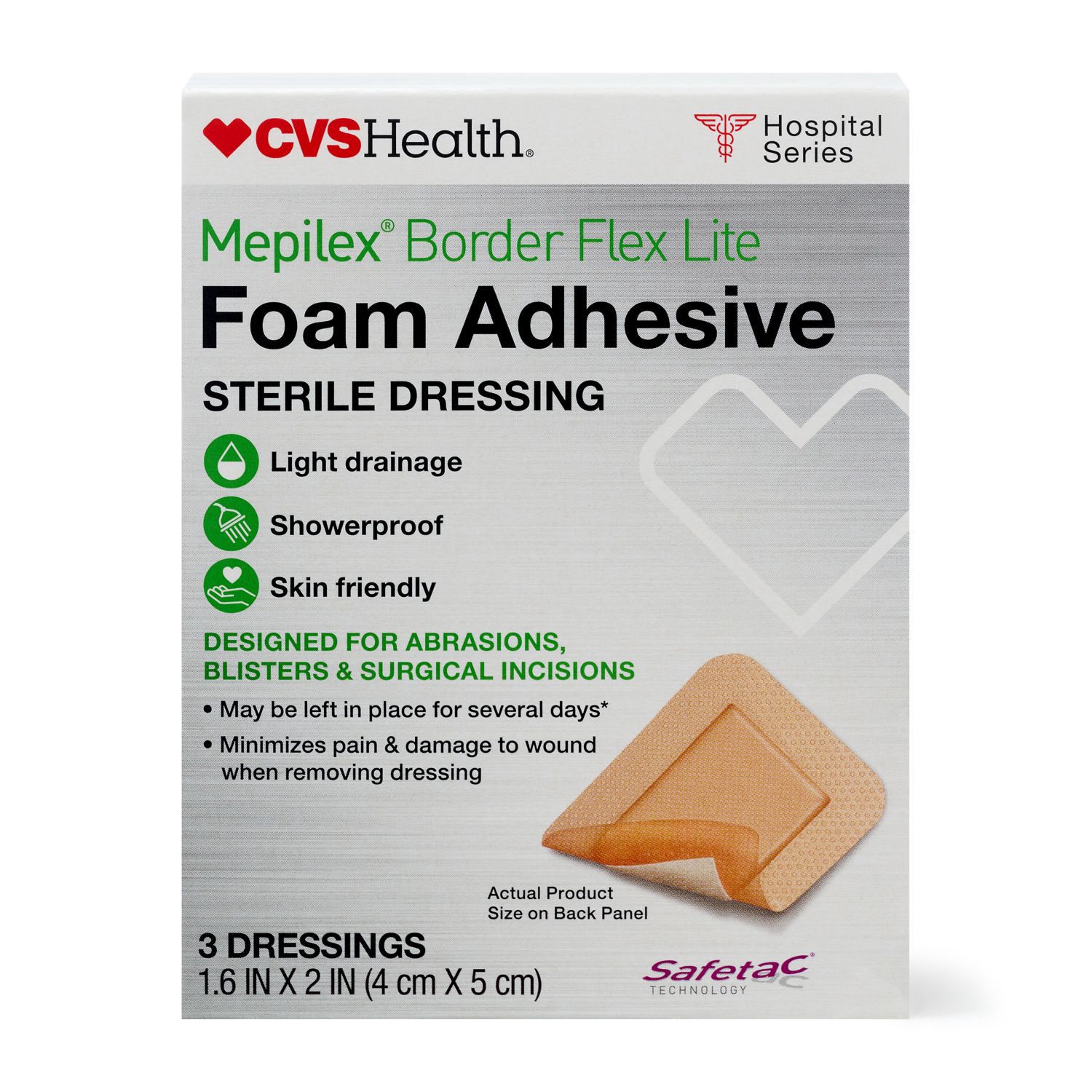 slide 7 of 8, Cvs Health Mepilex Border Lite Foam Adhesive Sterile Dressings, 1.6 In X 2 In, 3 Ct, 3 ct