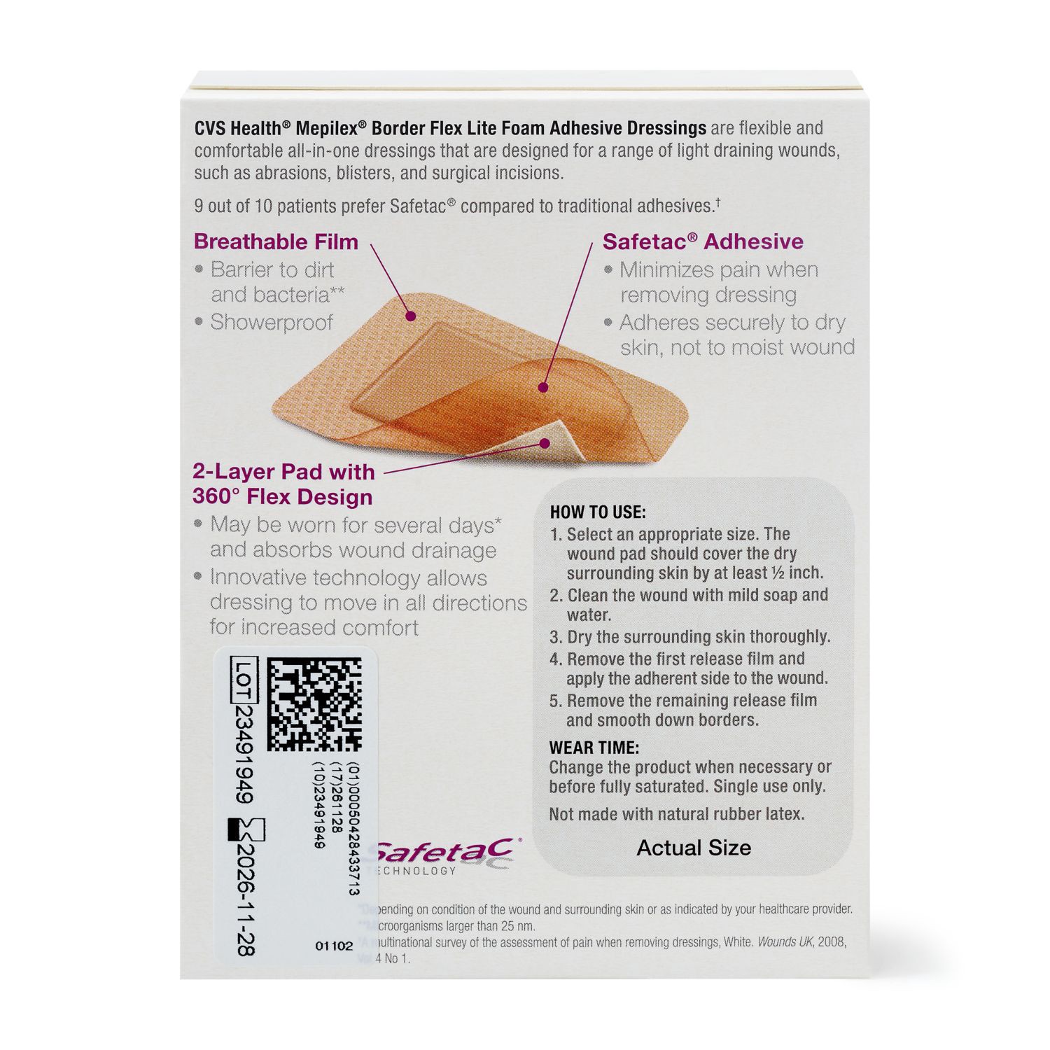 slide 2 of 8, Cvs Health Mepilex Border Lite Foam Adhesive Sterile Dressings, 1.6 In X 2 In, 3 Ct, 3 ct