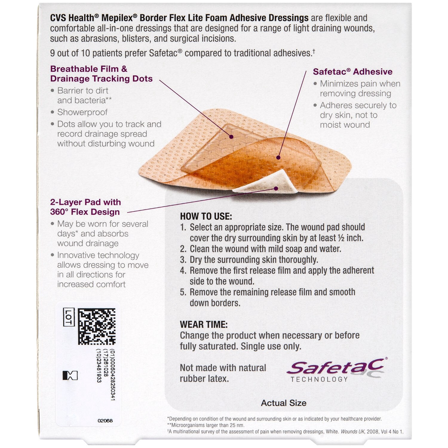 slide 4 of 6, CVS Health Mepilex Border Lite Foam Adhesive Sterile Dressings, 4 In X 4 In, 3 Ct, 3 ct