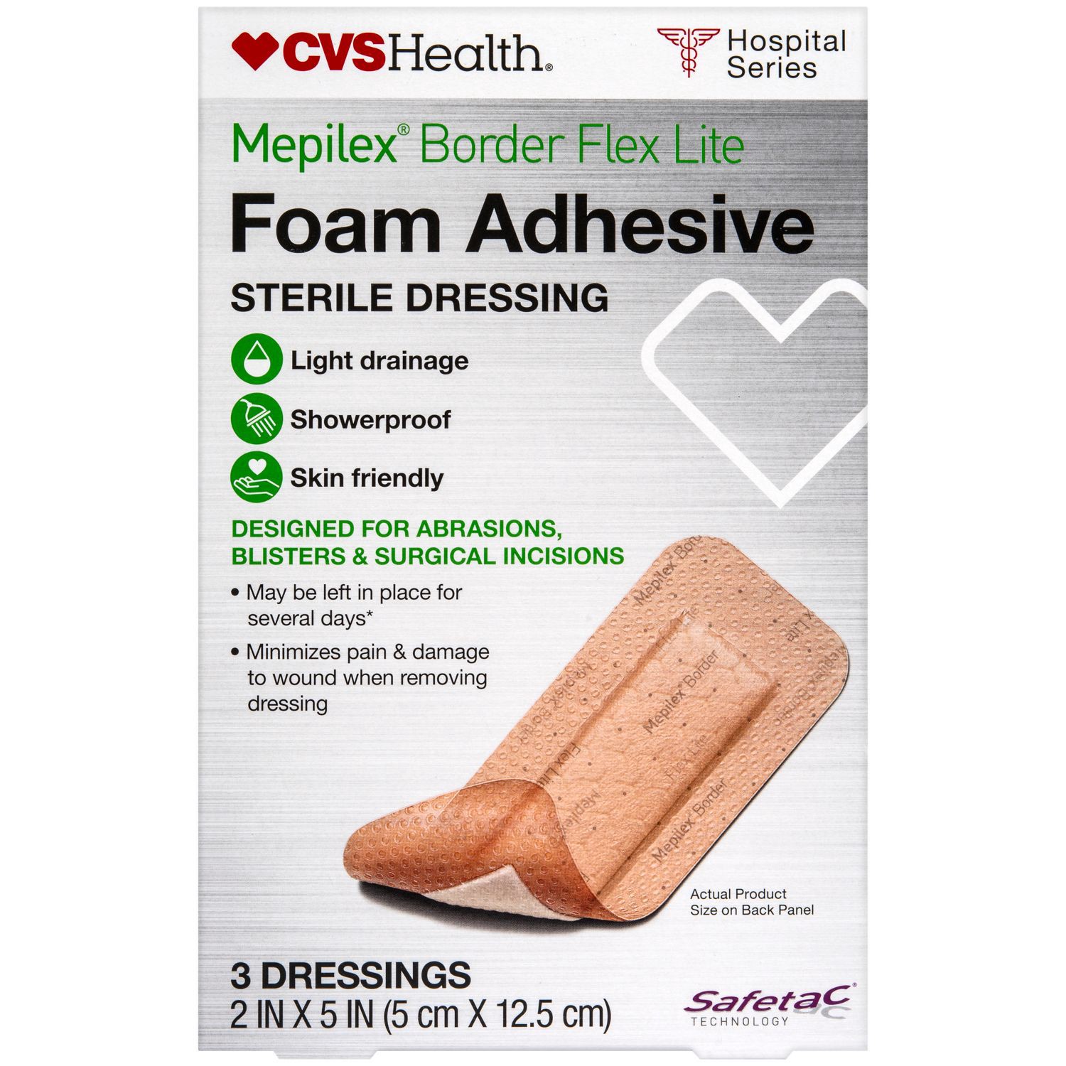 slide 3 of 7, Cvs Health Mepilex Border Lite Foam Adhesive Sterile Dressings, 2 In X 5 In, 3 Ct, 3 ct