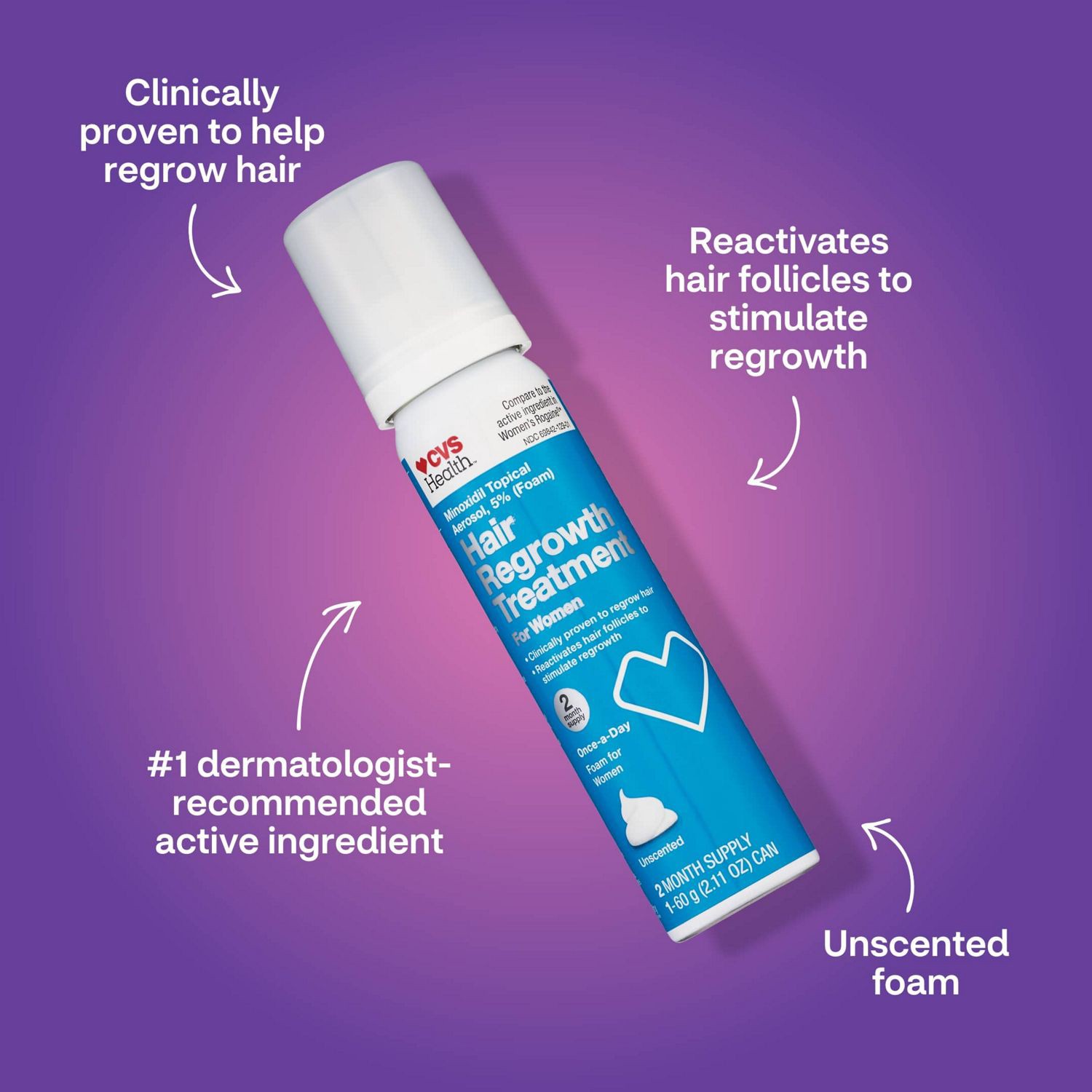 slide 6 of 10, CVS Health Women's 5% Minoxidil Foam For Hair Regrowth, 2 Month Supply, 1 ct