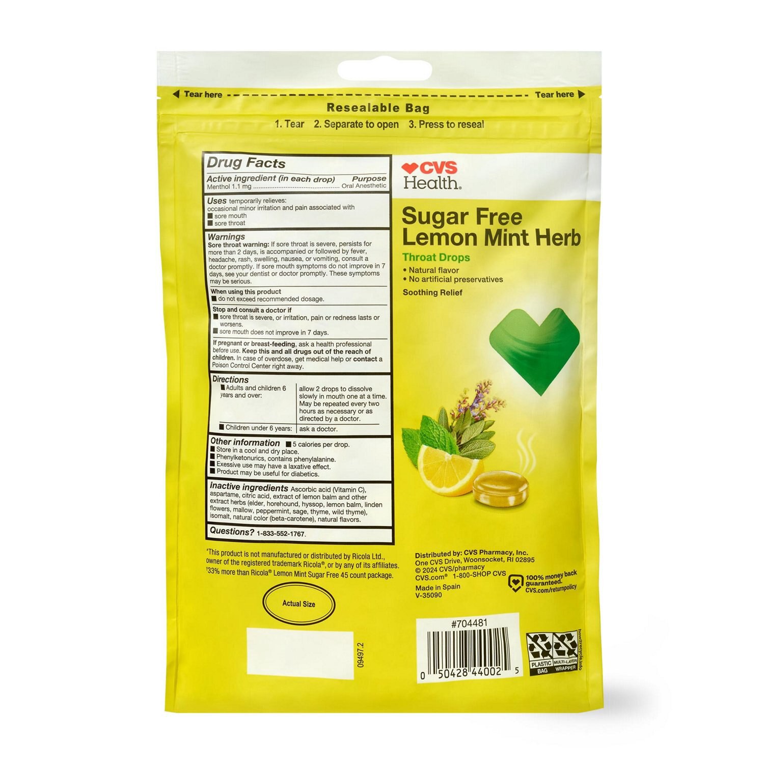 slide 2 of 2, Cvs Health Sugar Free Lemon Mint Herb Cough Drops, 60 ct
