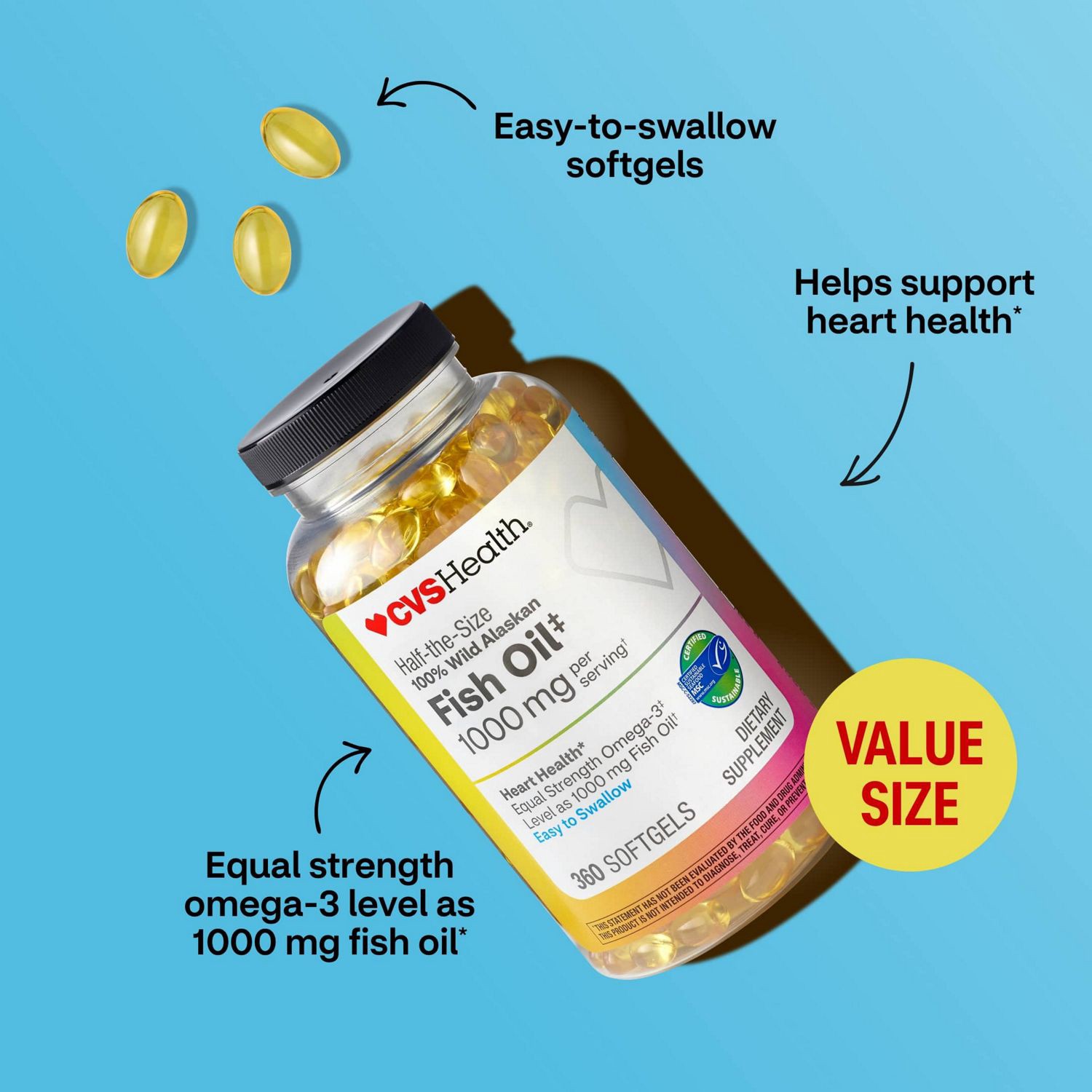 slide 2 of 8, Cvs Health Half-The-Size 100% Wild Alaskan Fish Oil Twin Pack, 1000Mg, 720 Ct, 1 ct