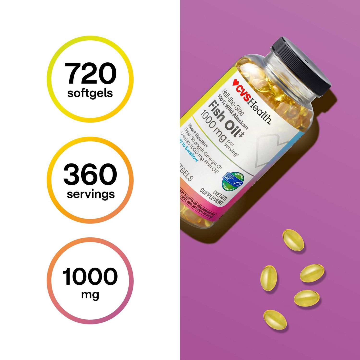 slide 5 of 8, Cvs Health Half-The-Size 100% Wild Alaskan Fish Oil Twin Pack, 1000Mg, 720 Ct, 1 ct