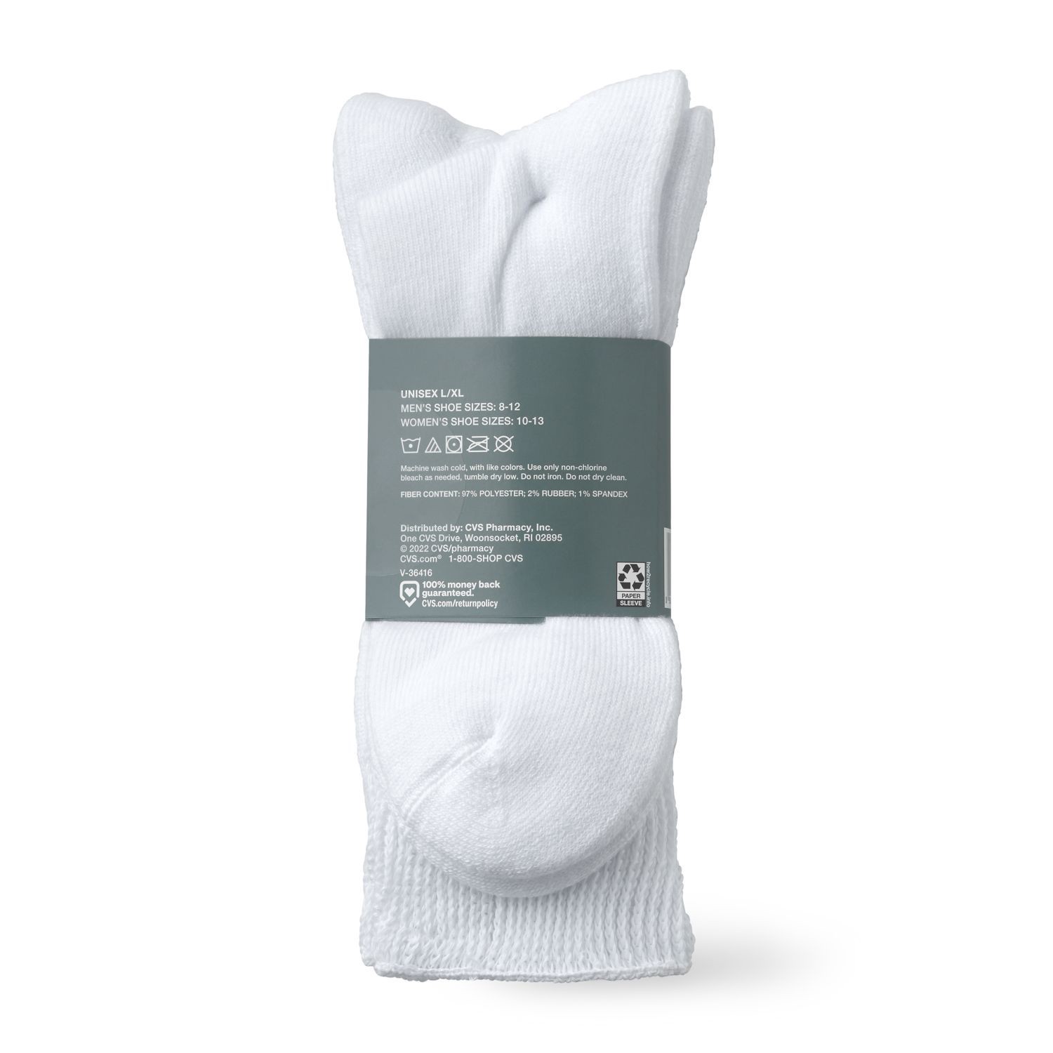 slide 4 of 4, Cvs Health Non-Binding Comfort Crew Socks For Diabetics Unisex, 3 Pairs, L/Xl, White, 1 ct
