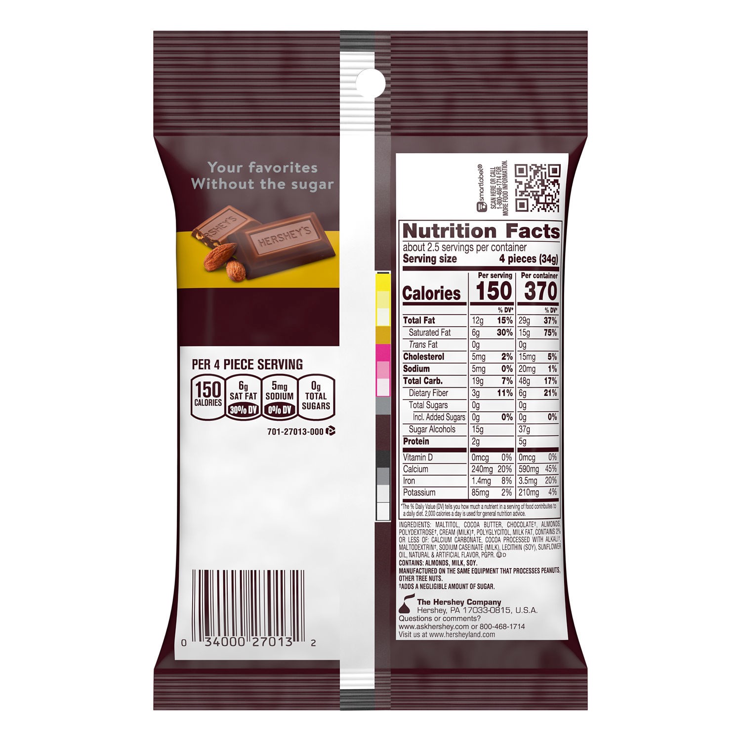 slide 2 of 9, Hershey's Zero Sugar Chocolate with Almonds Candy Bag, 3 oz, 3 oz