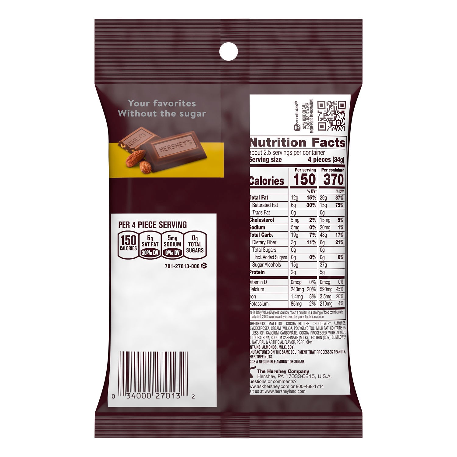 slide 3 of 9, Hershey's Zero Sugar Chocolate with Almonds Candy Bag, 3 oz, 3 oz